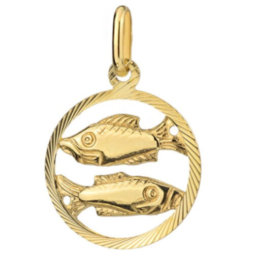 Złoty wisiorek w kształcie okręgu z dwoma rybami, symbolizującymi znak zodiaku Ryb.