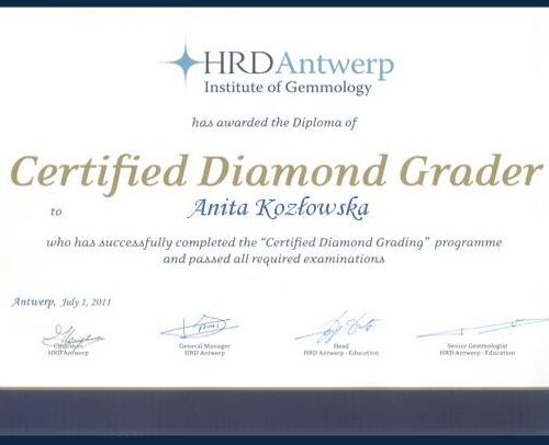 Dyplom potwierdzający ukończenie kursu oceny diamentów dla Anity Kozłowskiej, wydany przez HRD Antwerp.