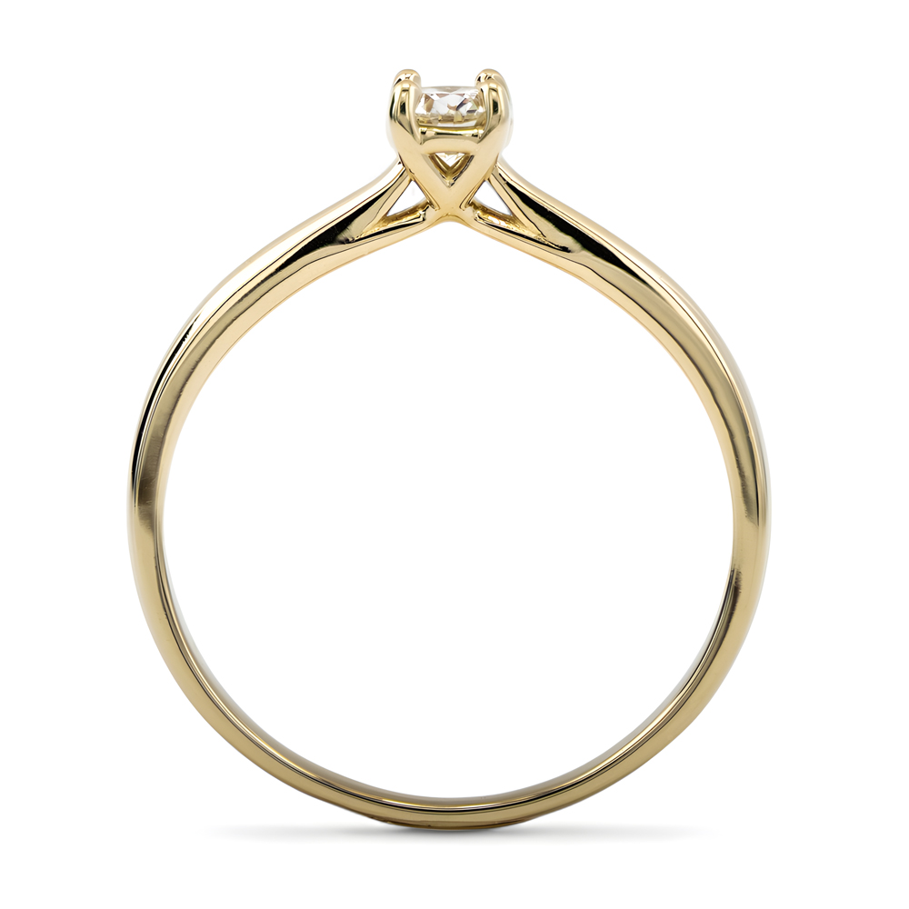 P_N41.02 Złoty pierścionek z diamentem, o delikatnym, eleganckim wzorze i subtelnych liniach.