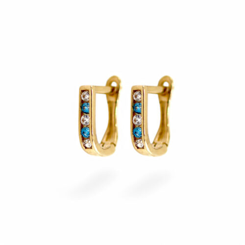 Złote kolczyki z naprzemiennie osadzonymi niebieskimi i przezroczystymi kamieniami