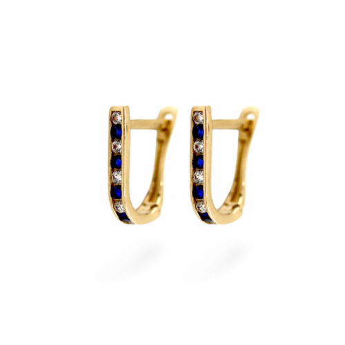 Złote kolczyki z niebieskimi i przezroczystymi kamieniami w rzędzie