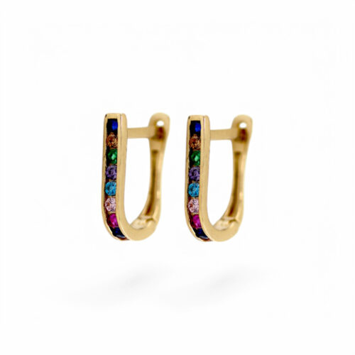 Złote kolczyki w formie litery U ozdobione kolorowymi kamieniami