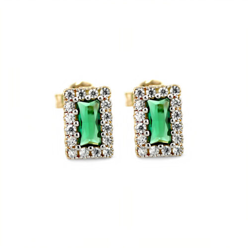 Złote kolczyki prostokątne z zielonym kamieniem i otoczką z diamentów