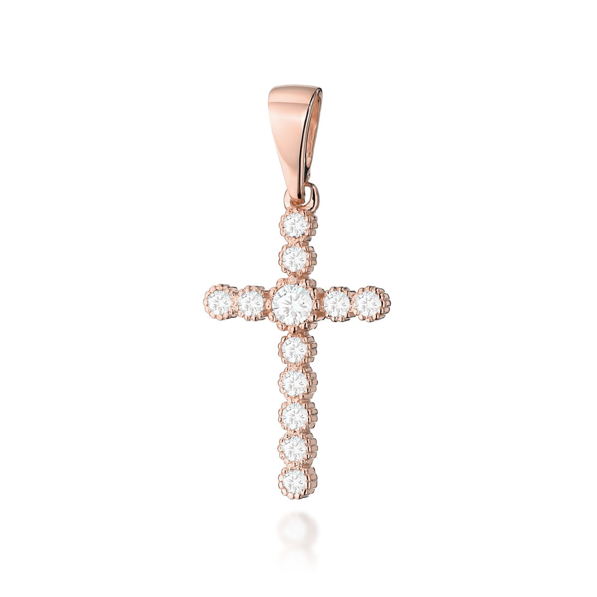D0008.R3.DIW.01_1 Złoty wisiorek w kształcie krzyża, ozdobiony diamentami, błyszczący i elegancki.
