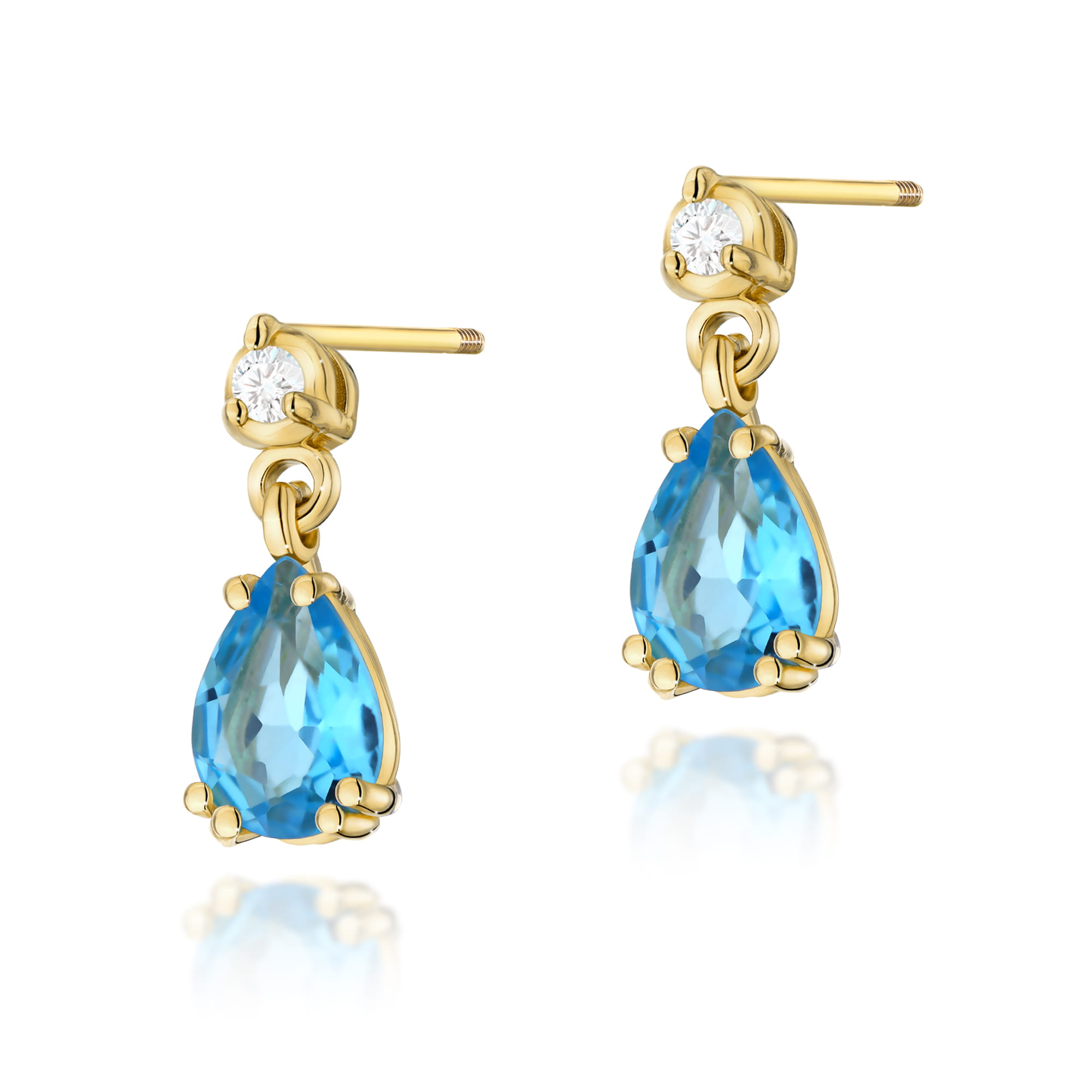 K0006.Z3.TOB.02_1 Złote kolczyki z niebieskimi kamieniami w kształcie kropli, ozdobione małymi diamentami.