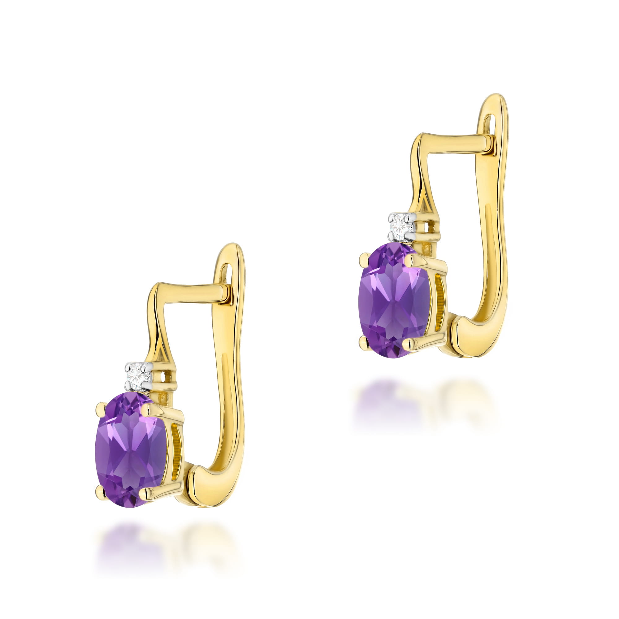 K0011.Z3.AMV.01_1 Złote kolczyki z fioletowymi kamieniami i małymi diamentami, elegancki design.