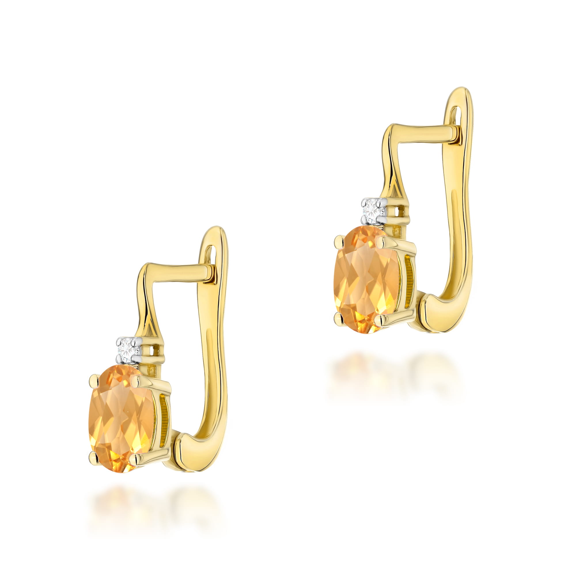 K0011.Z3.CIY.01_1 Złote kolczyki z pomarańczowym kamieniem i małymi diamentami, eleganckie i nowoczesne.