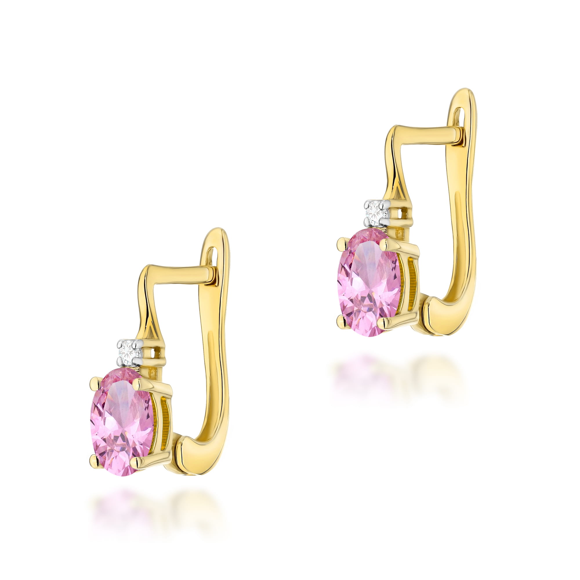K0011.Z3.SAP.01_1 Złote kolczyki z różowymi kamieniami i małymi diamentami, eleganckie i stylowe.