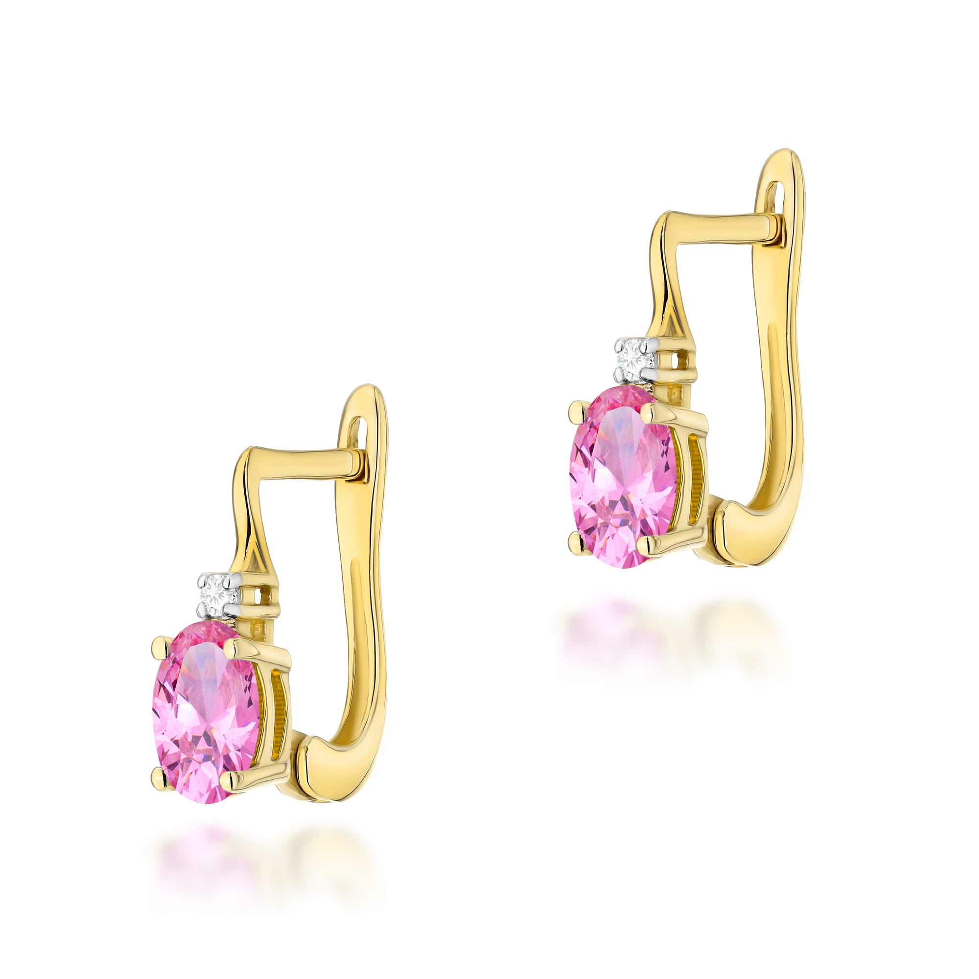 K0011.Z3.TOP.01_1 Złote kolczyki z różowymi kamieniami i małymi diamentami, eleganckie i błyszczące.