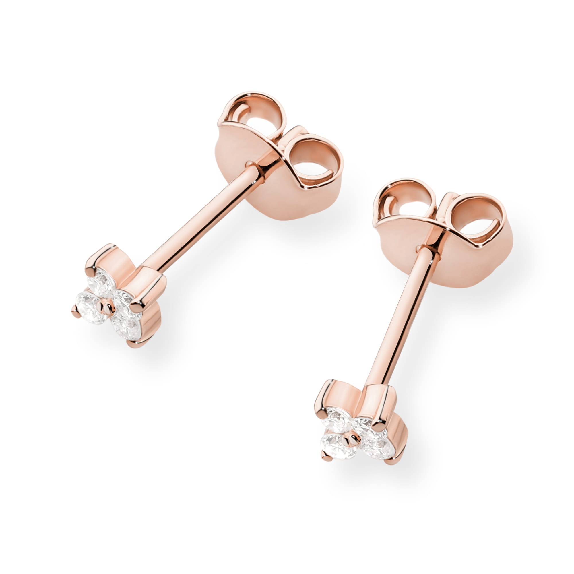 K0024.R3.DIW.01_2 Różowe złote kolczyki w kształcie kwiatów z diamentowymi detalami.