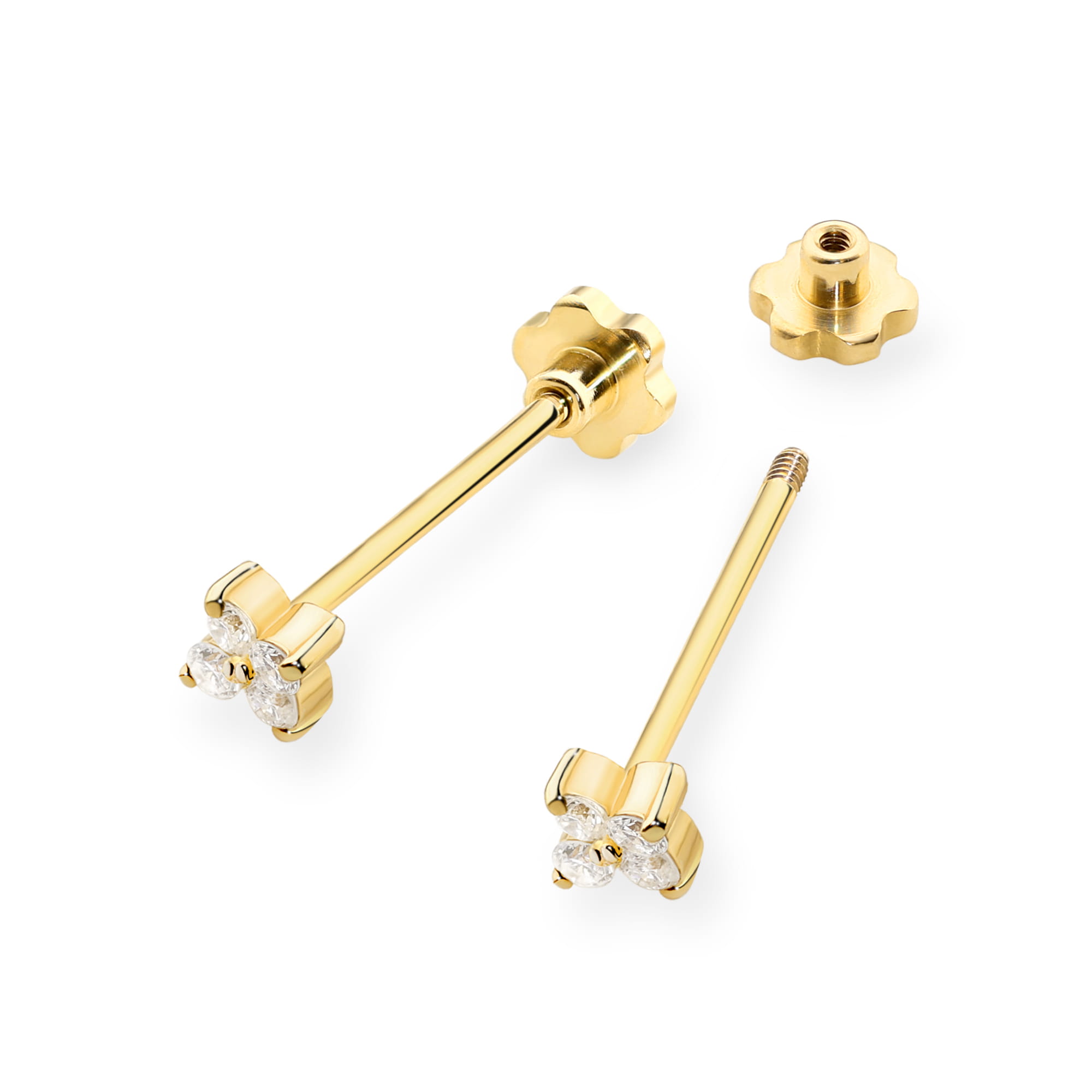 K0024.Z3.DIW.02_2 Złote kolczyki w kształcie kwiatu z diamentowymi zdobieniami, jeden z kolczyków z odkręcaną zatyczką.