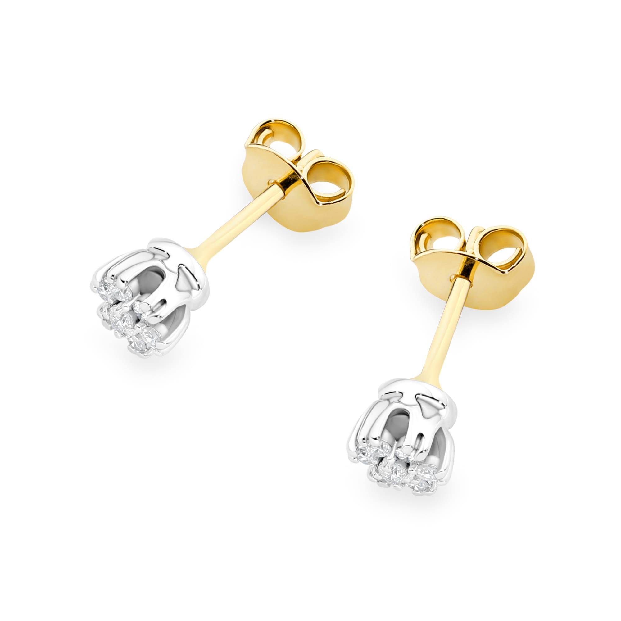 K0026.Z3.DIW.01_2 Złote kolczyki w kształcie kwiatu z diamentowymi detalami.