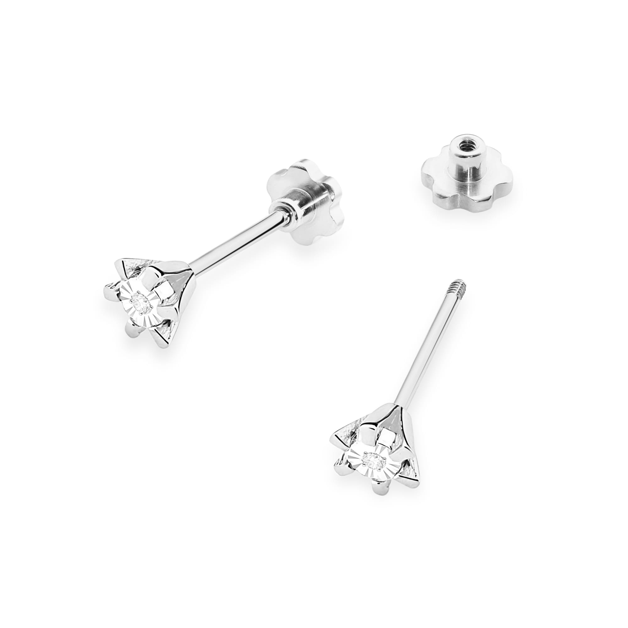 K0029.B3.DIW.04_2 Srebrne kolczyki w kształcie kwiatów z kryształkami, jeden z kolczyków z odkręcaną końcówką.