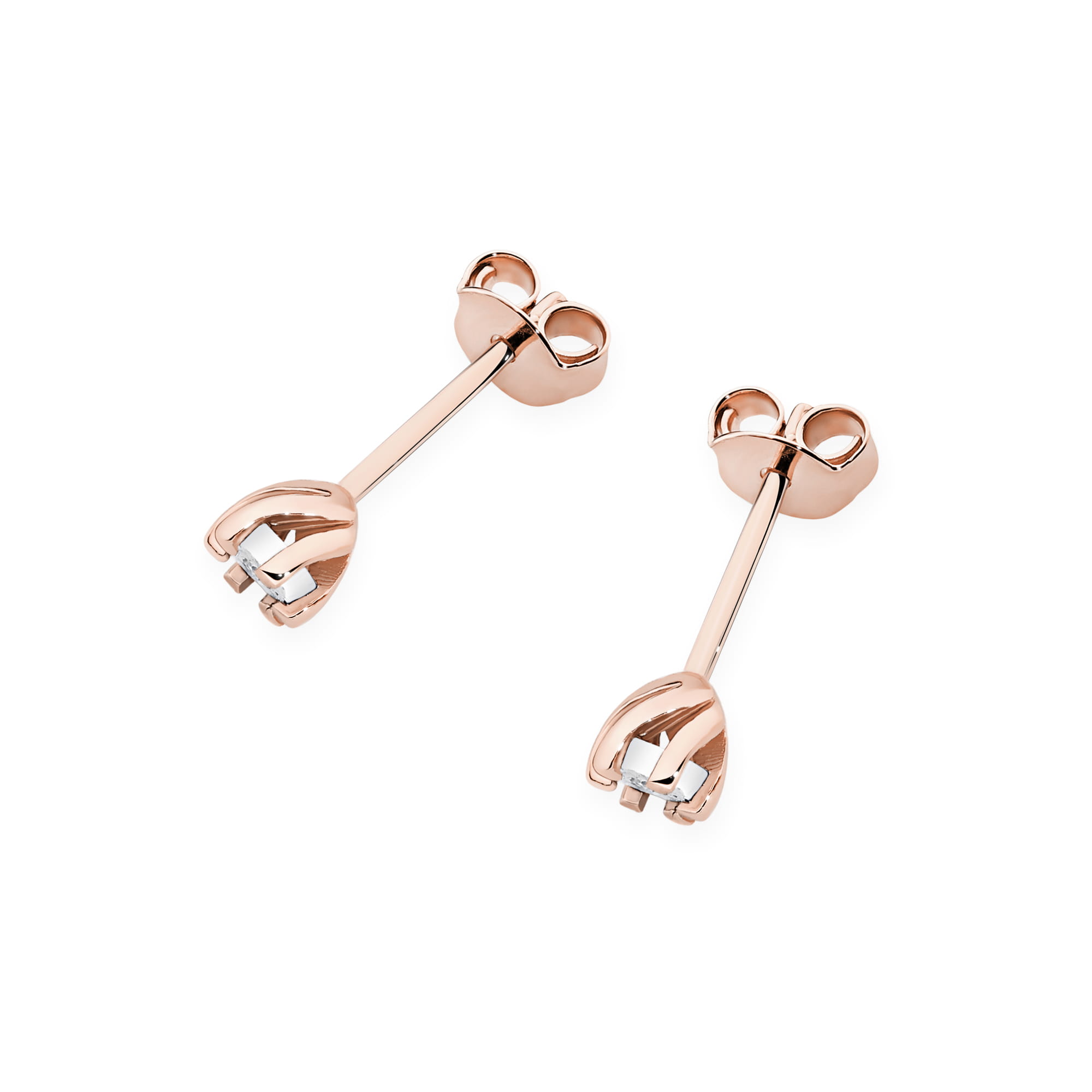 K0031.R3.DIW.01_2 Różowe złote kolczyki w kształcie delikatnych łuków z małymi diamentami.