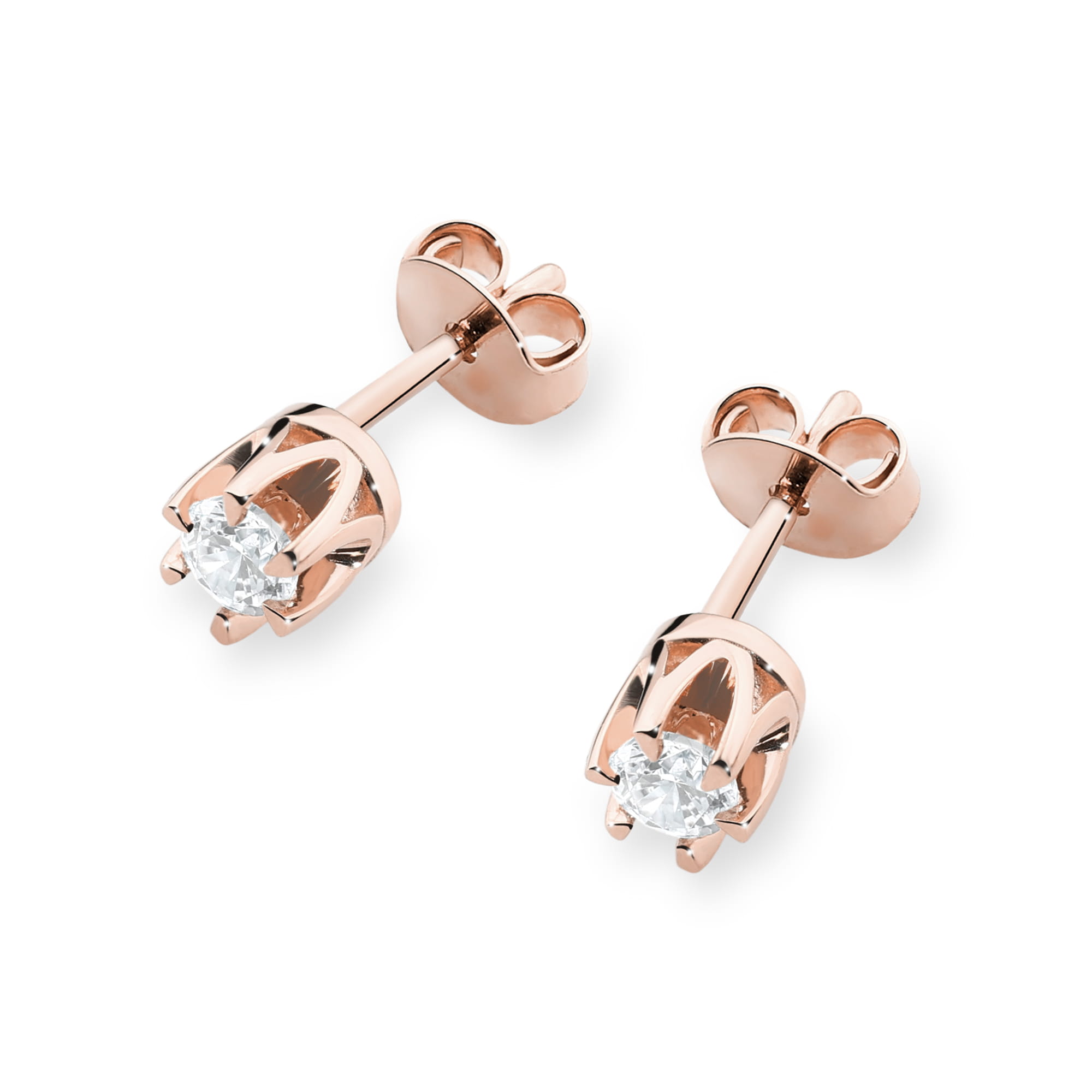 K0032.R3.DIW.01_2 Różowe złote kolczyki w kształcie sztyftów z przezroczystymi kamieniami.