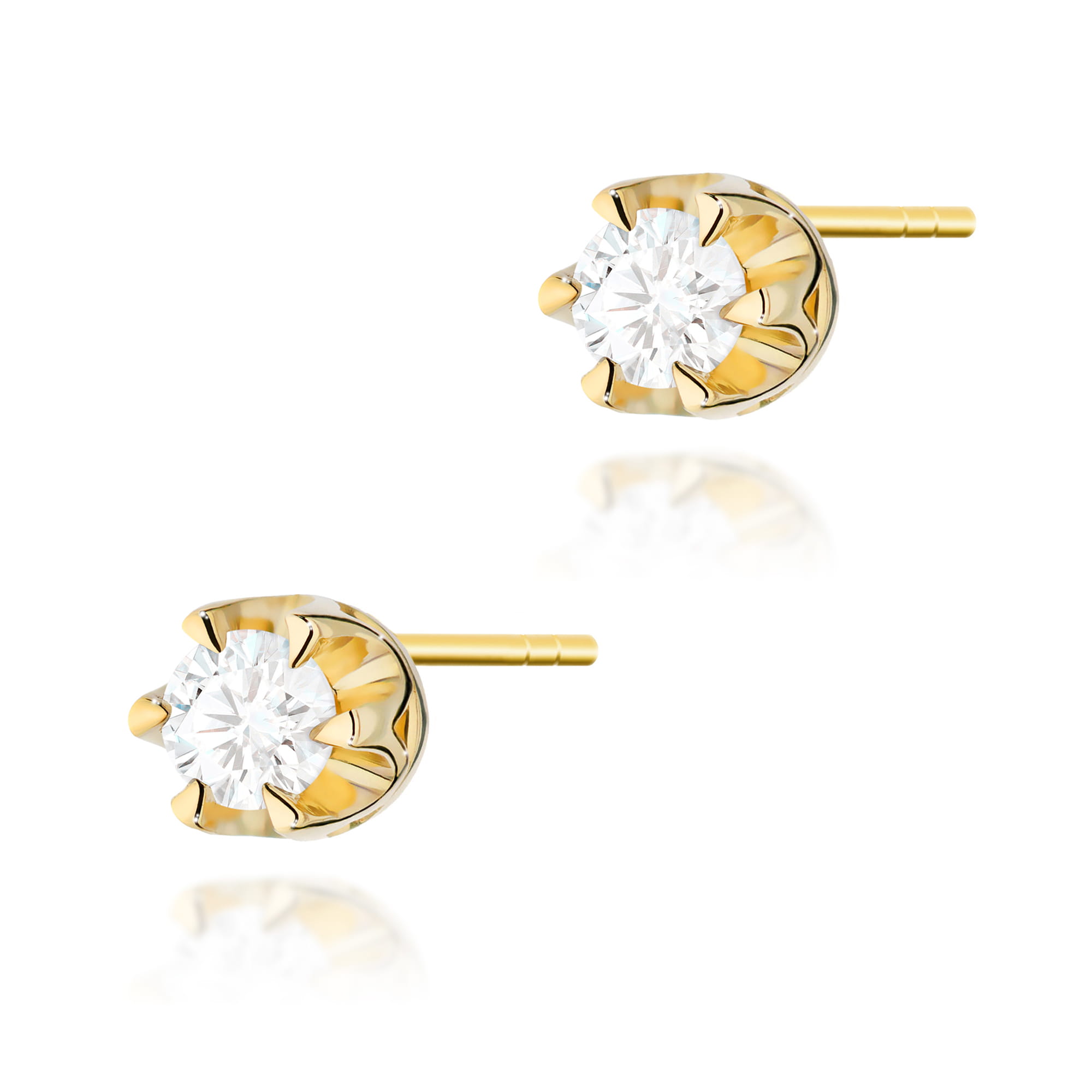 K0032.Z3.DIW.01_1 Złote kolczyki z diamentowymi kamieniami w kształcie kwiatu, eleganckie i błyszczące.