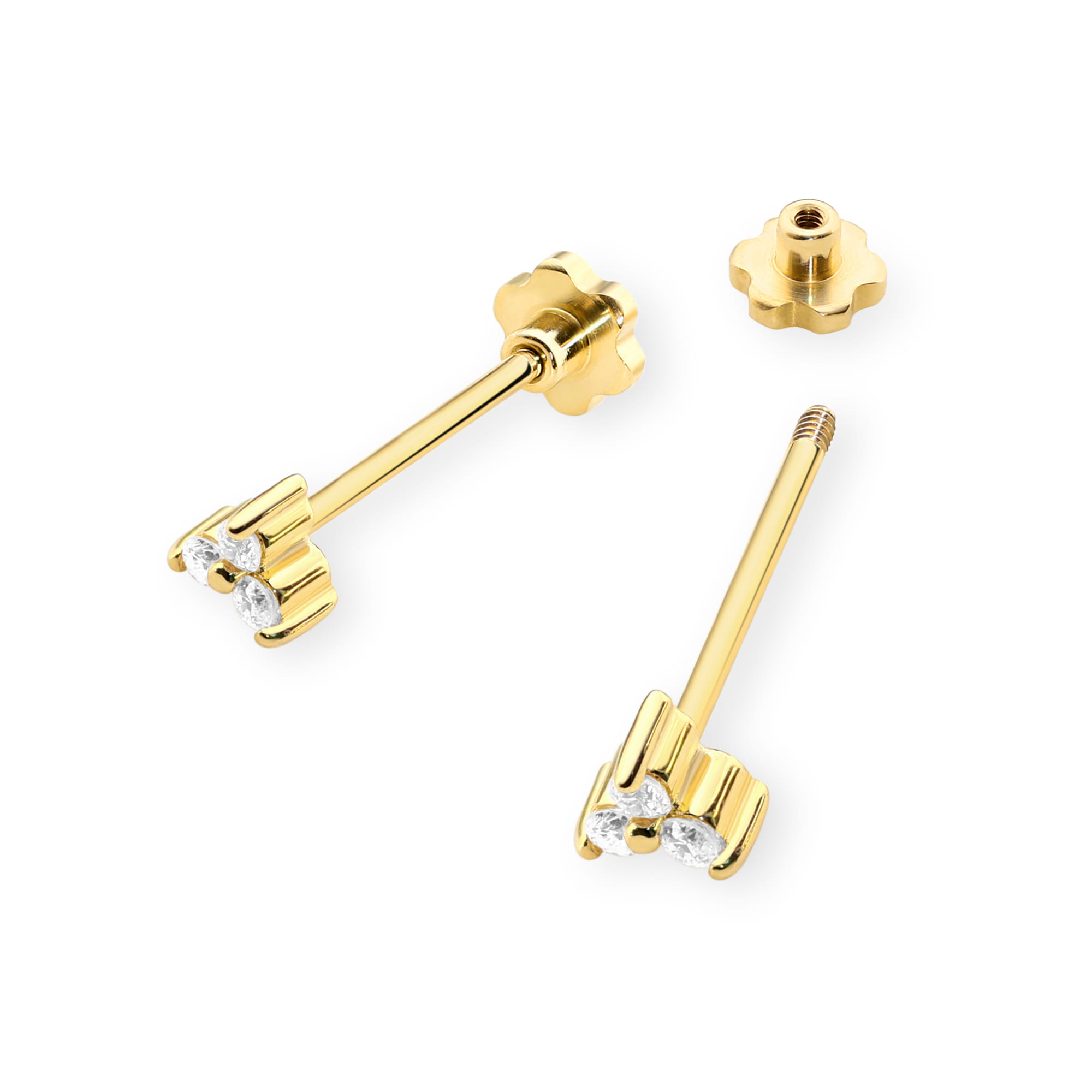 K0033.Z3.DIW.02_2 Złote kolczyki w kształcie kwiatu z trzema diamentowymi kamieniami.