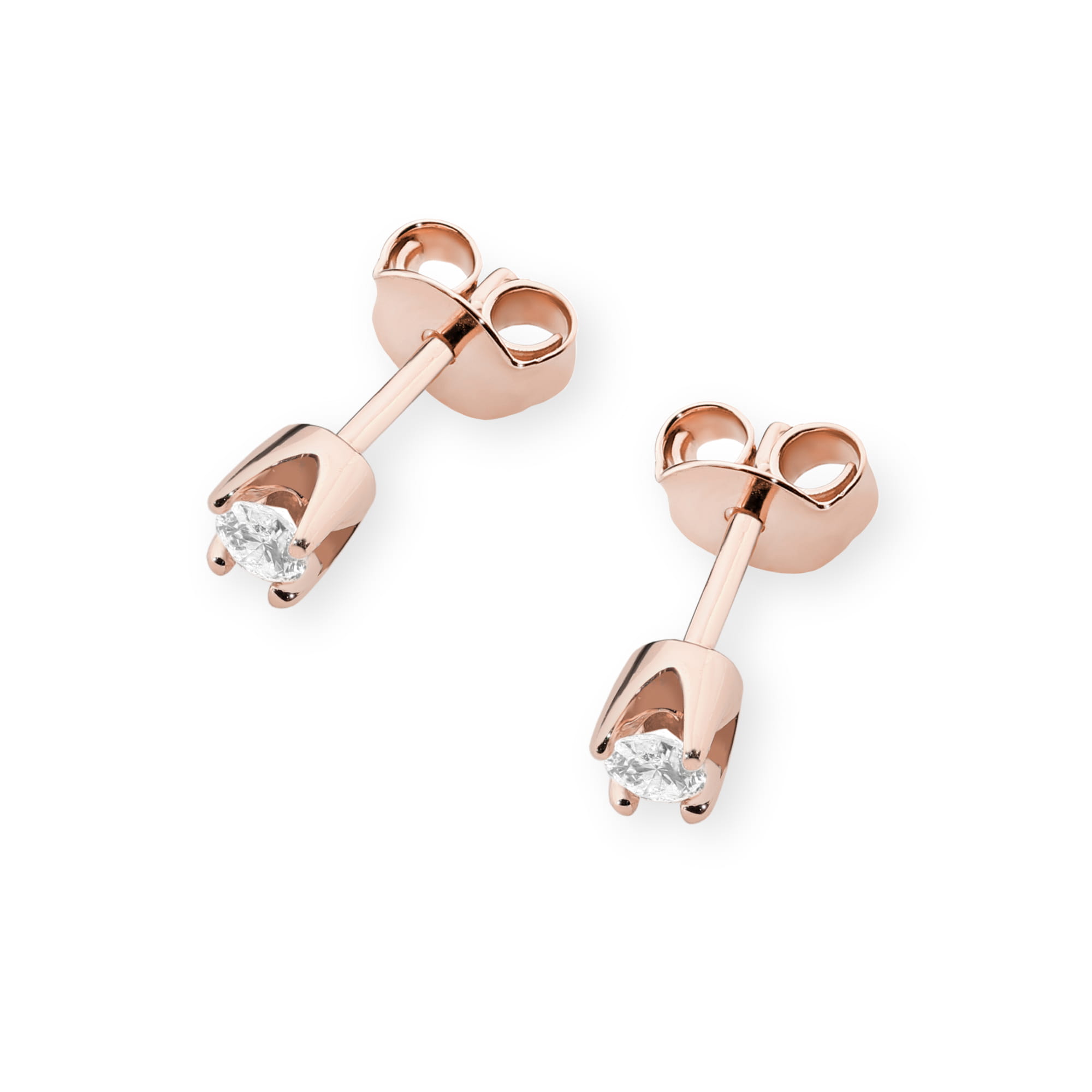 K0034.R3.DIW.02_2 Różowe złote kolczyki w kształcie małych kokardek z przezroczystymi kamieniami.