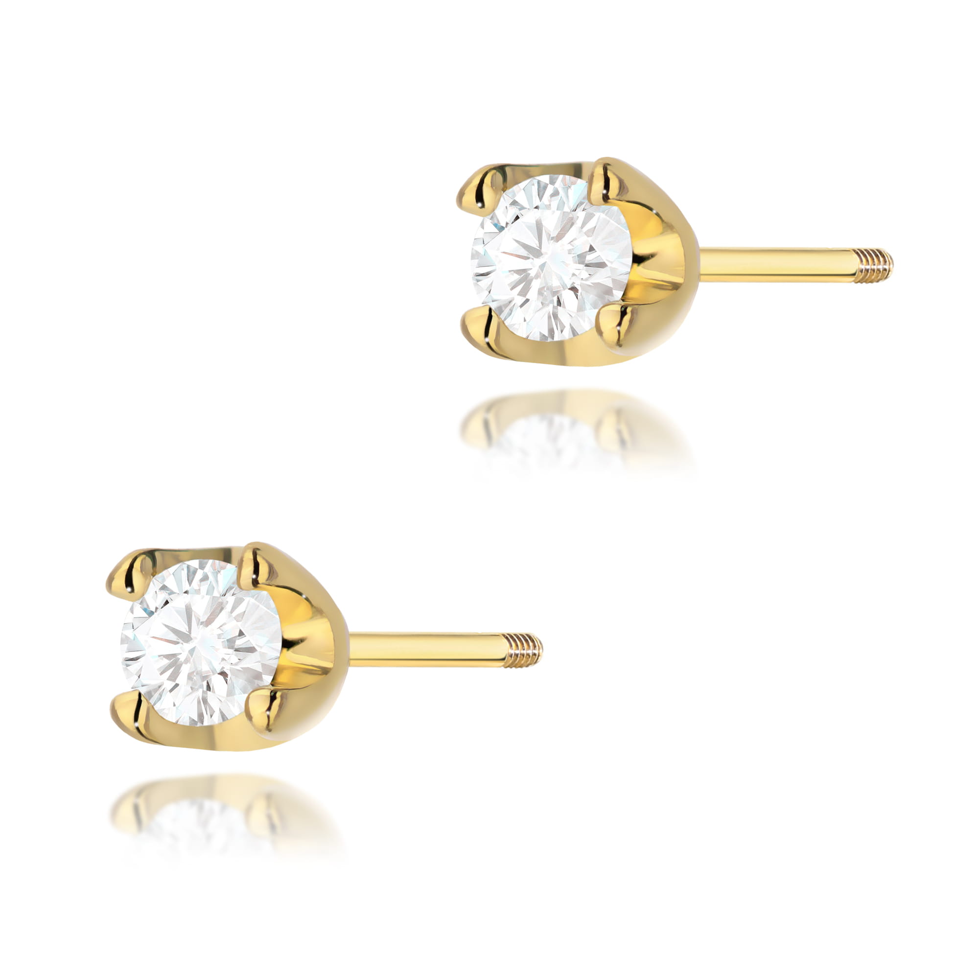 K0034.Z3.DIW.04_1 Złote kolczyki w kształcie sztyftów z okrągłymi, przezroczystymi diamentami.