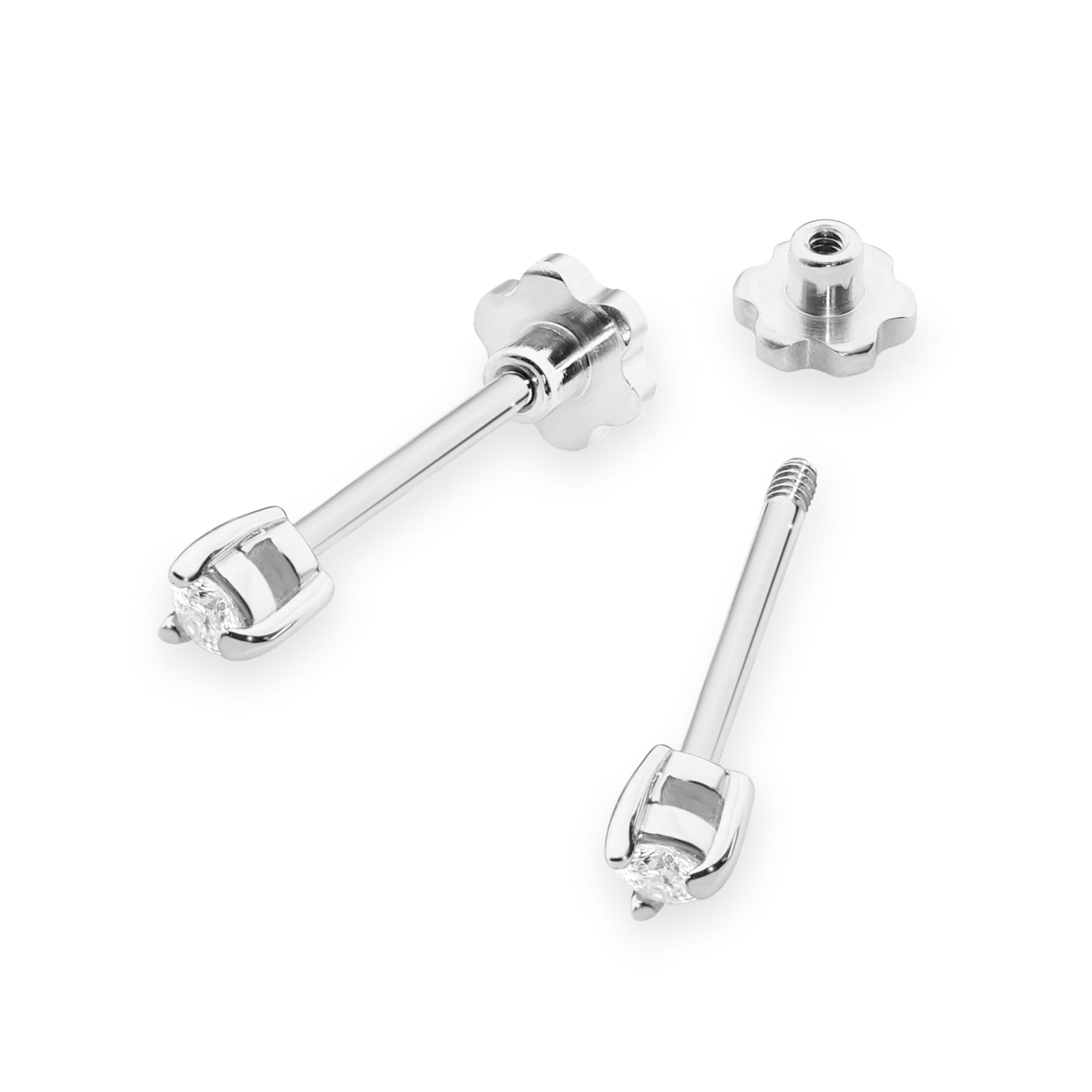 K0035.B3.DIW.02_2 Srebrne kolczyki w kształcie kwiatów z diamentowymi wstawkami, jeden z odkręcaną końcówką.