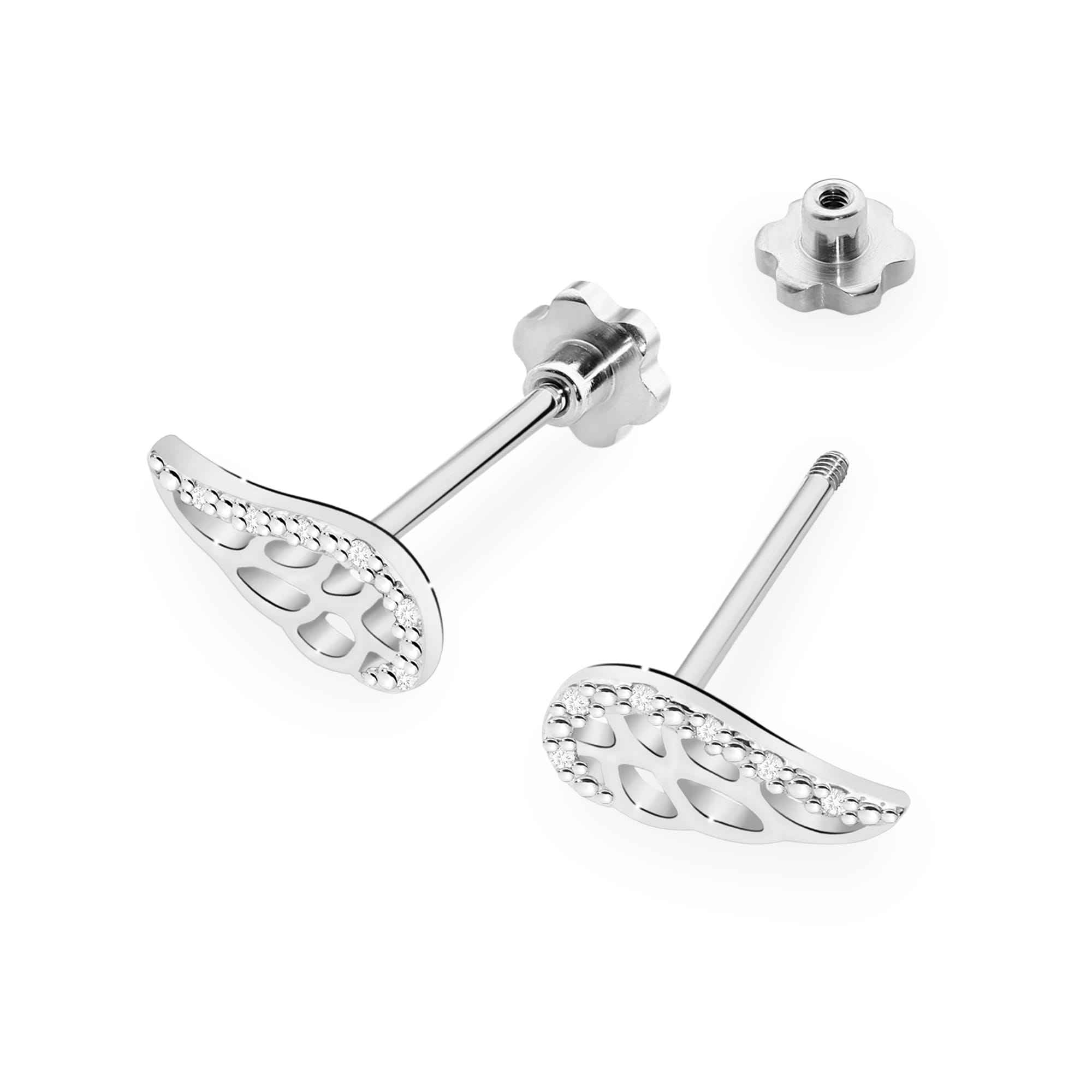 K0043.B3.DIW.02_2 Srebrne kolczyki w kształcie fal z drobnymi zdobieniami, obok element mocujący.