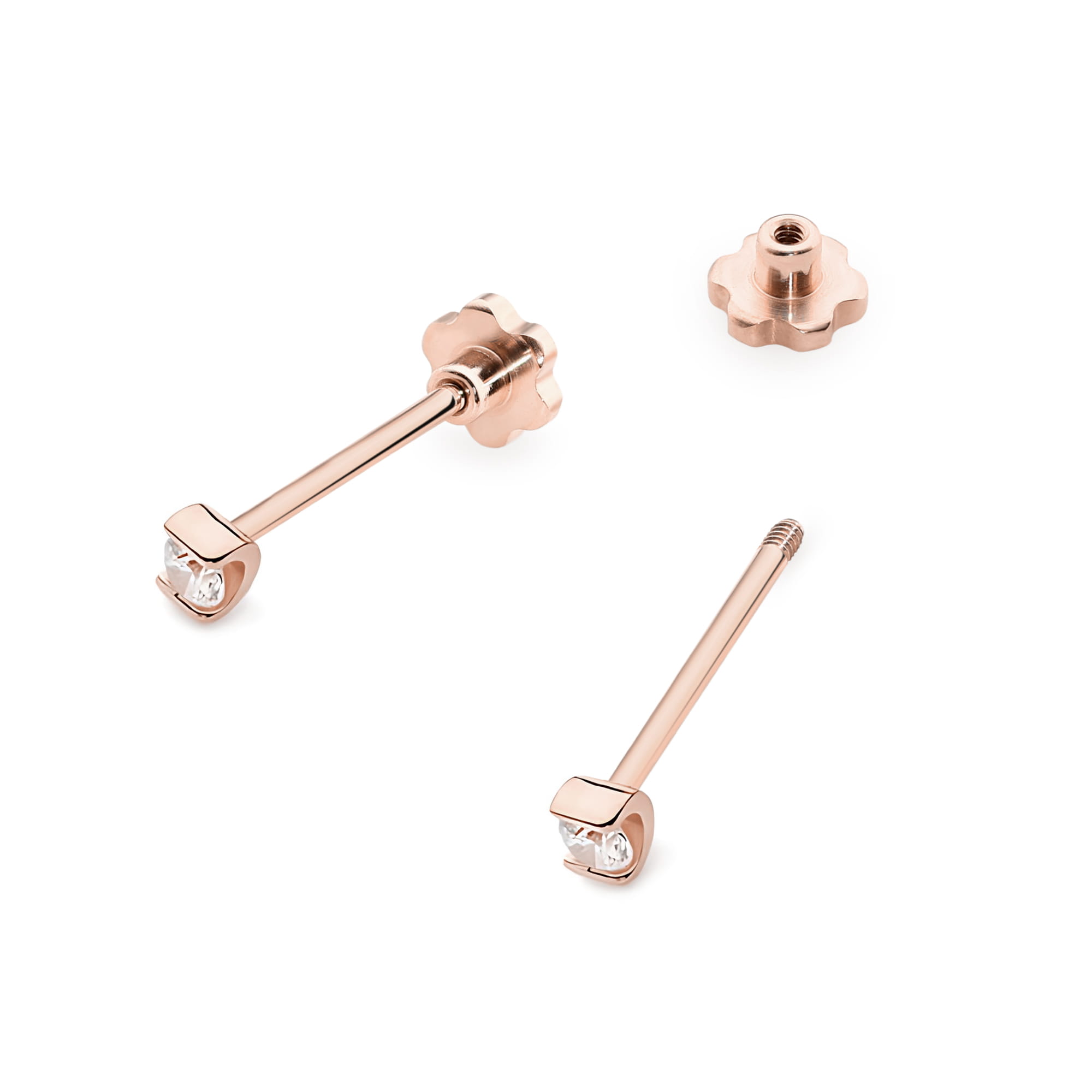 K0055.R3.DIW.02_2 Różowe złote kolczyki w kształcie kwiatków z małymi, przezroczystymi kryształkami.