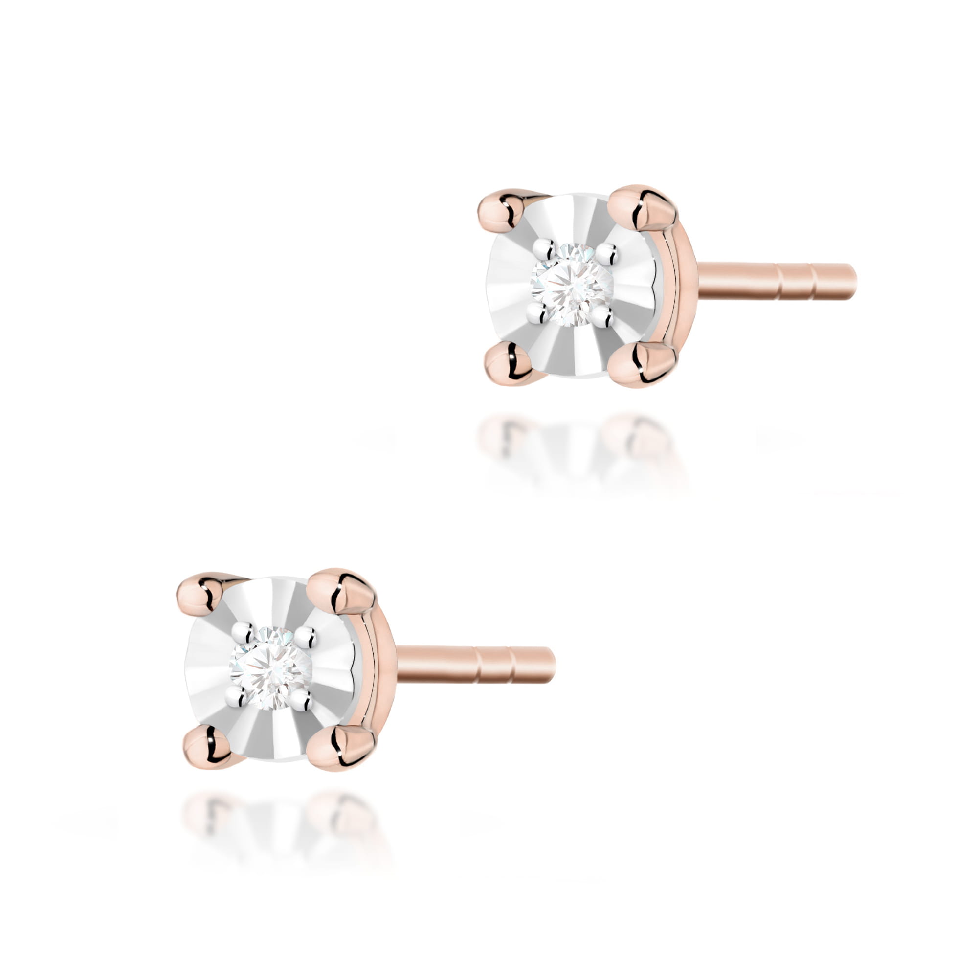 K0058.R3.DIW.01_2 Złote kolczyki w kształcie diamentowych kryształków, osadzone w delikatnych, różowych metalowych ramkach.