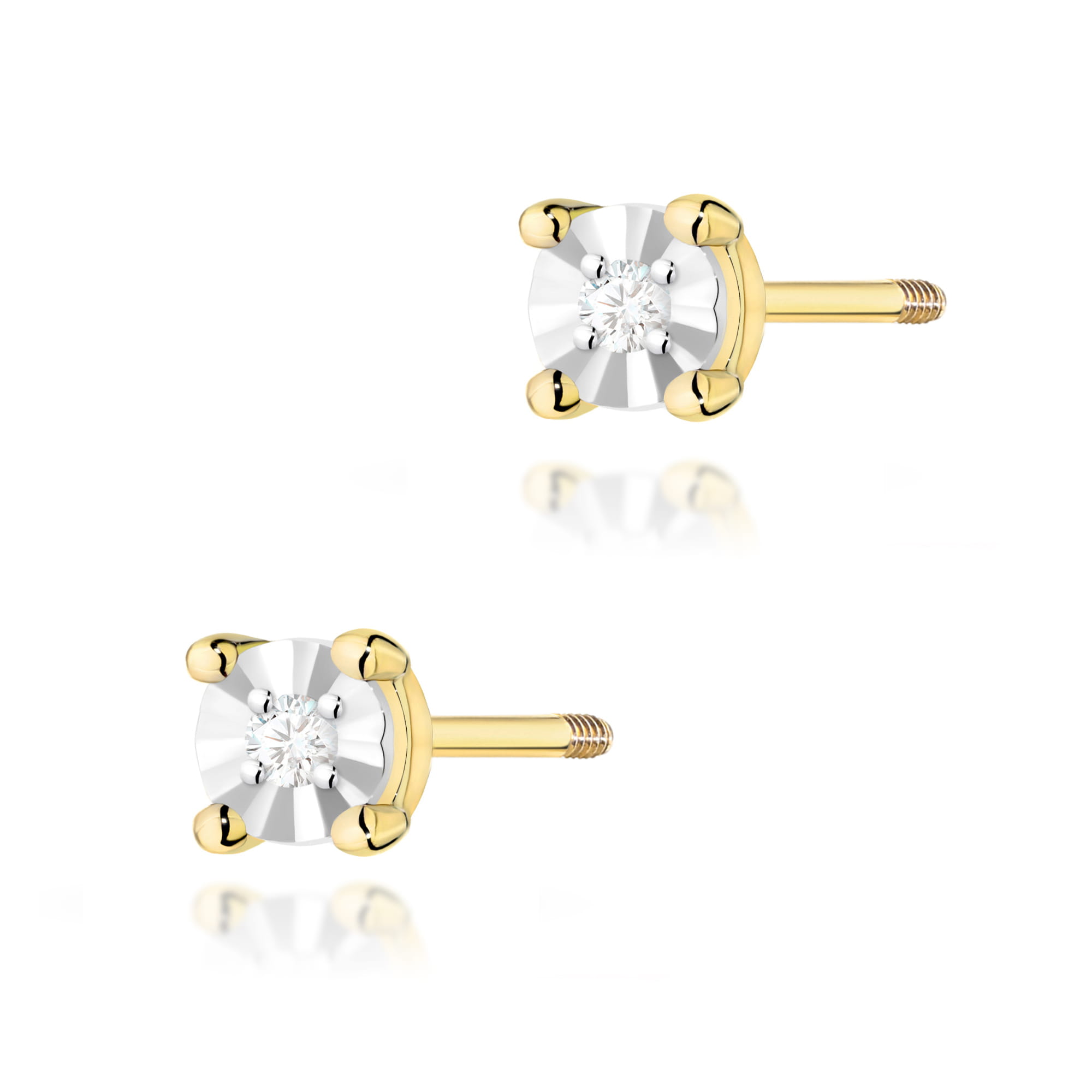 K0058.Z3.DIW.04_2 Złote kolczyki w kształcie sztyftów z przezroczystymi, błyszczącymi kamieniami.