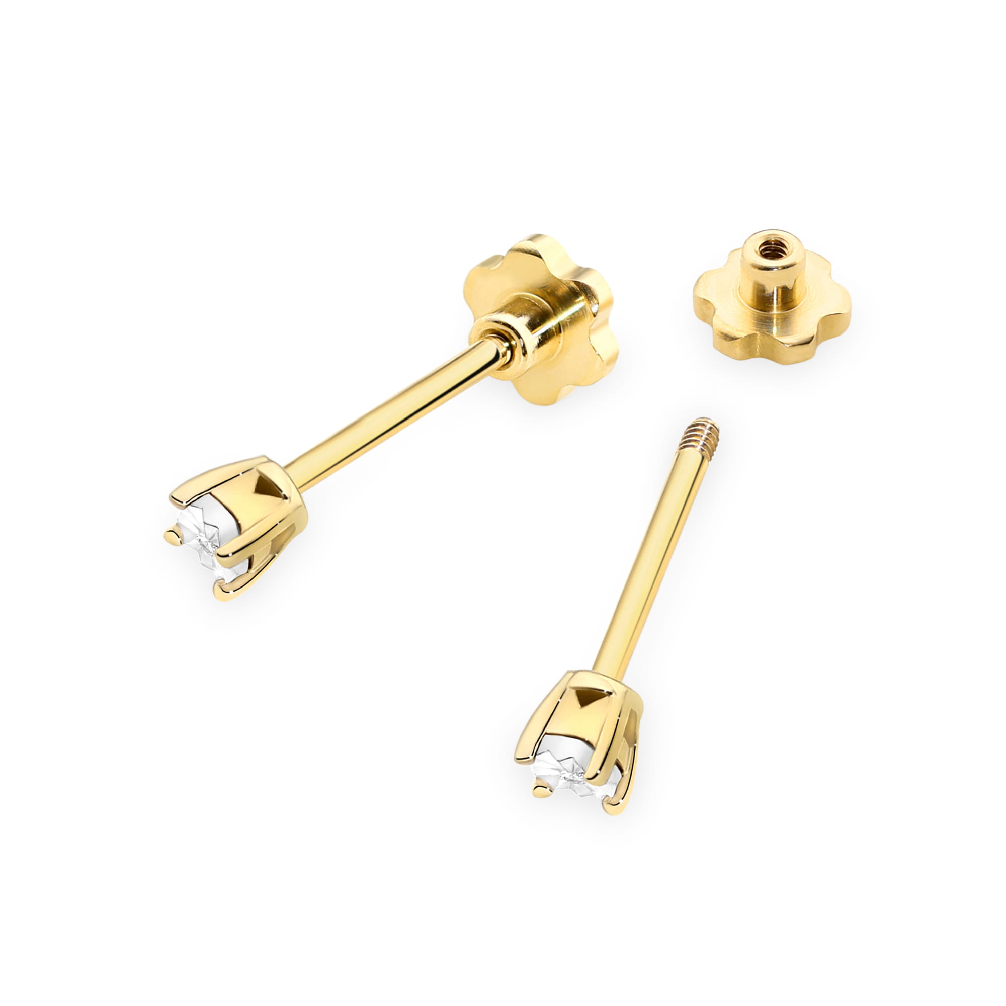K0058.Z3.DIW.04_3 Złote kolczyki z kryształkami, jeden z kolczyków z odkręcaną końcówką.