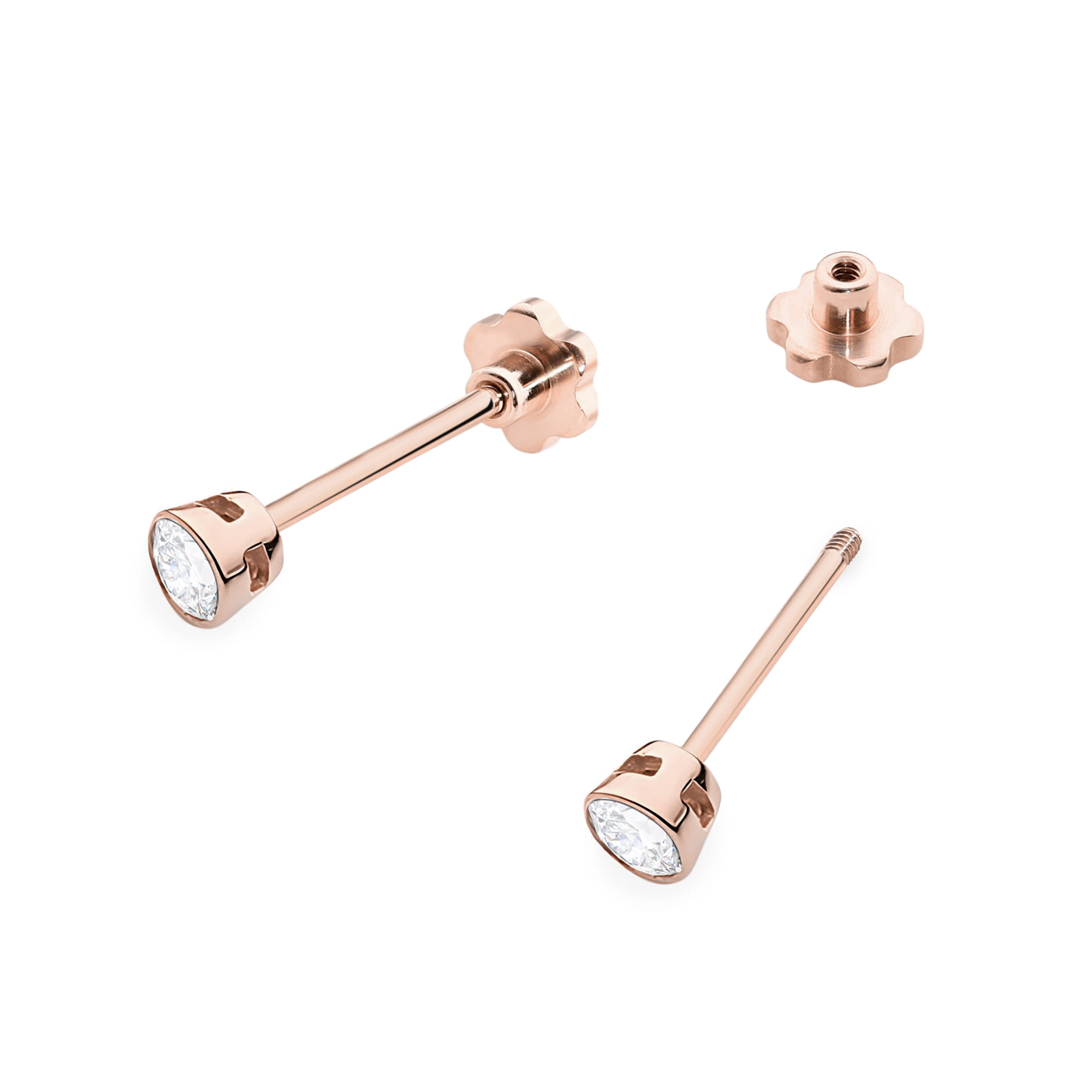 K0067.R3.DIW.03_2 Różowe złote kolczyki z przezroczystymi kryształami, jeden z kolczyków z odkręcaną zatyczką.