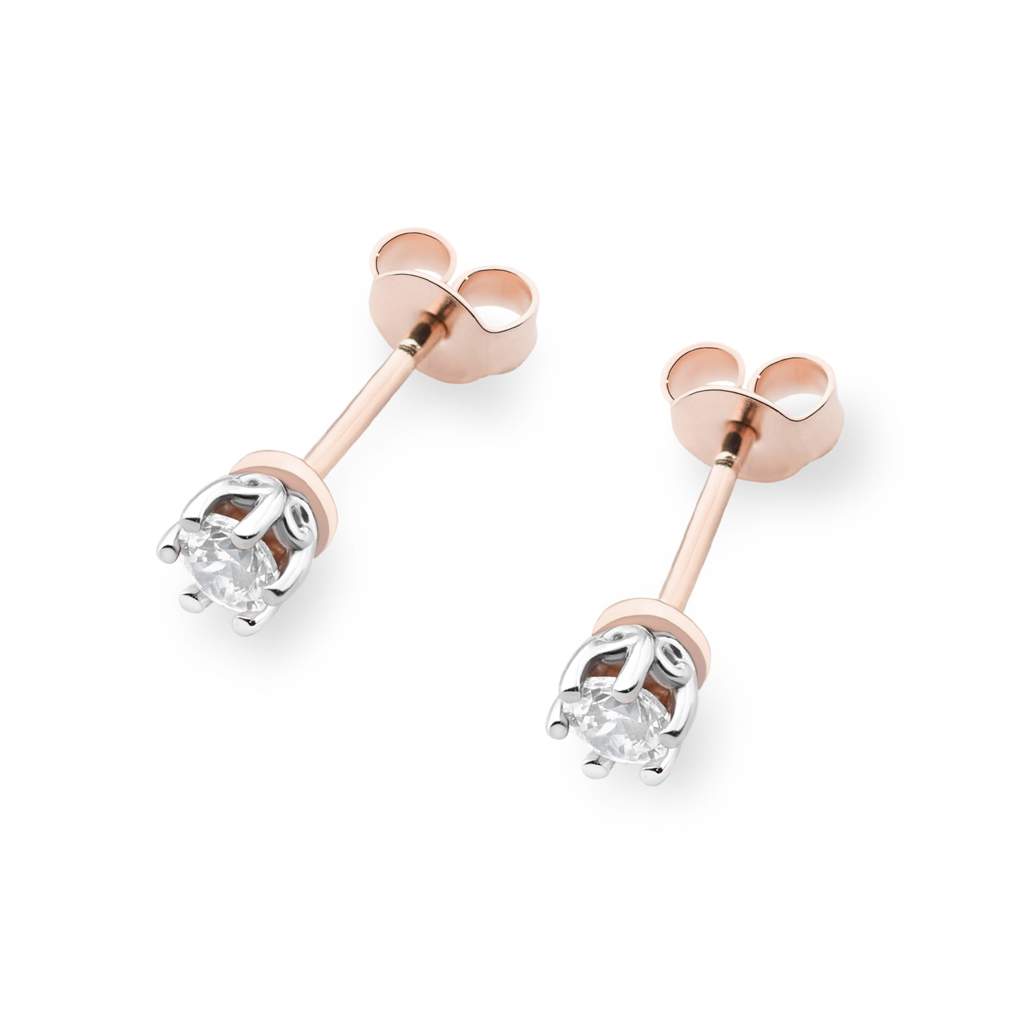 K0068.R3.DIW.01_2 Złote kolczyki w kształcie sztyftów z przezroczystymi kryształami w srebrnych oprawach.