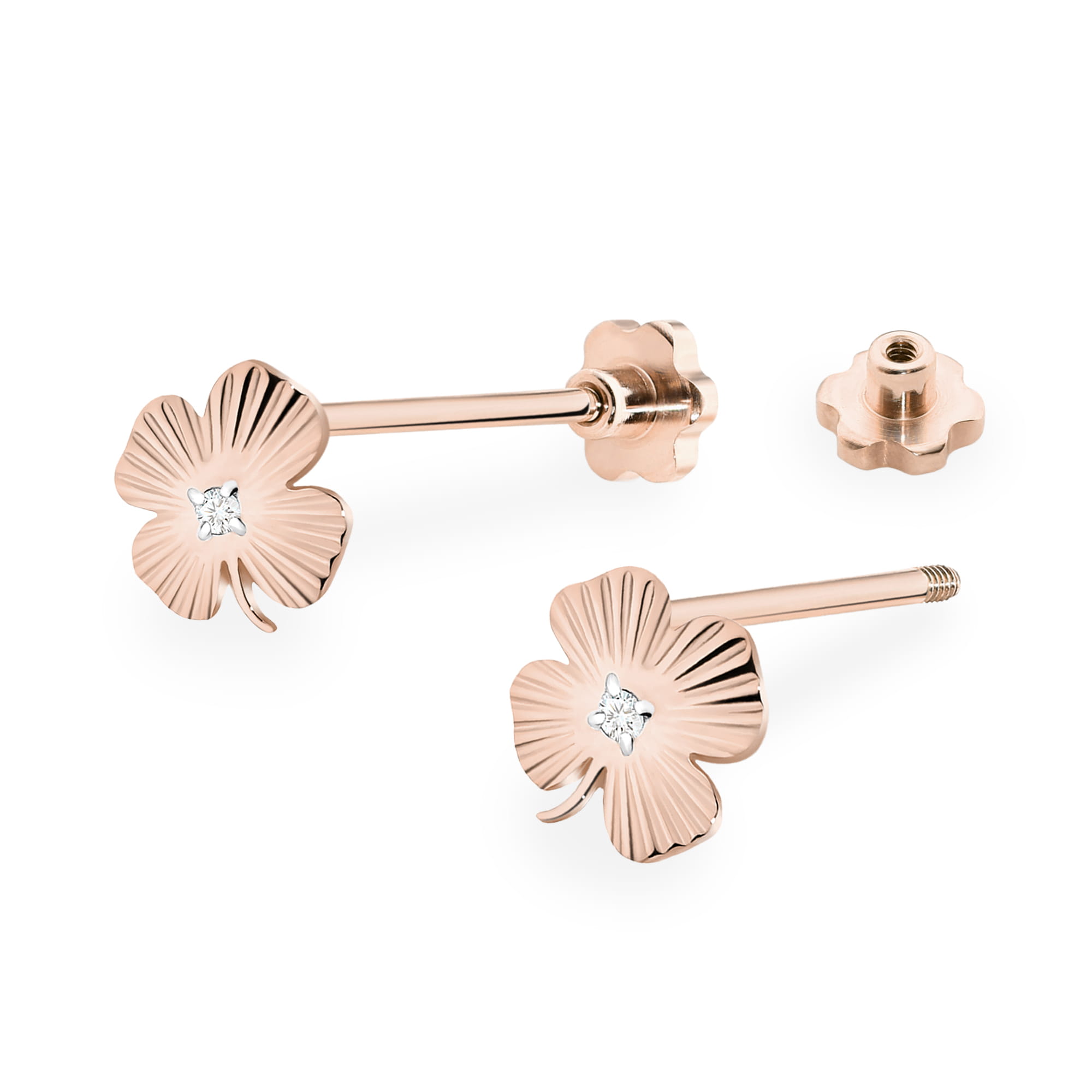 K0073.R3.DIW.02_2 Różowe złote kolczyki w kształcie kwiatu z diamentowym akcentem.