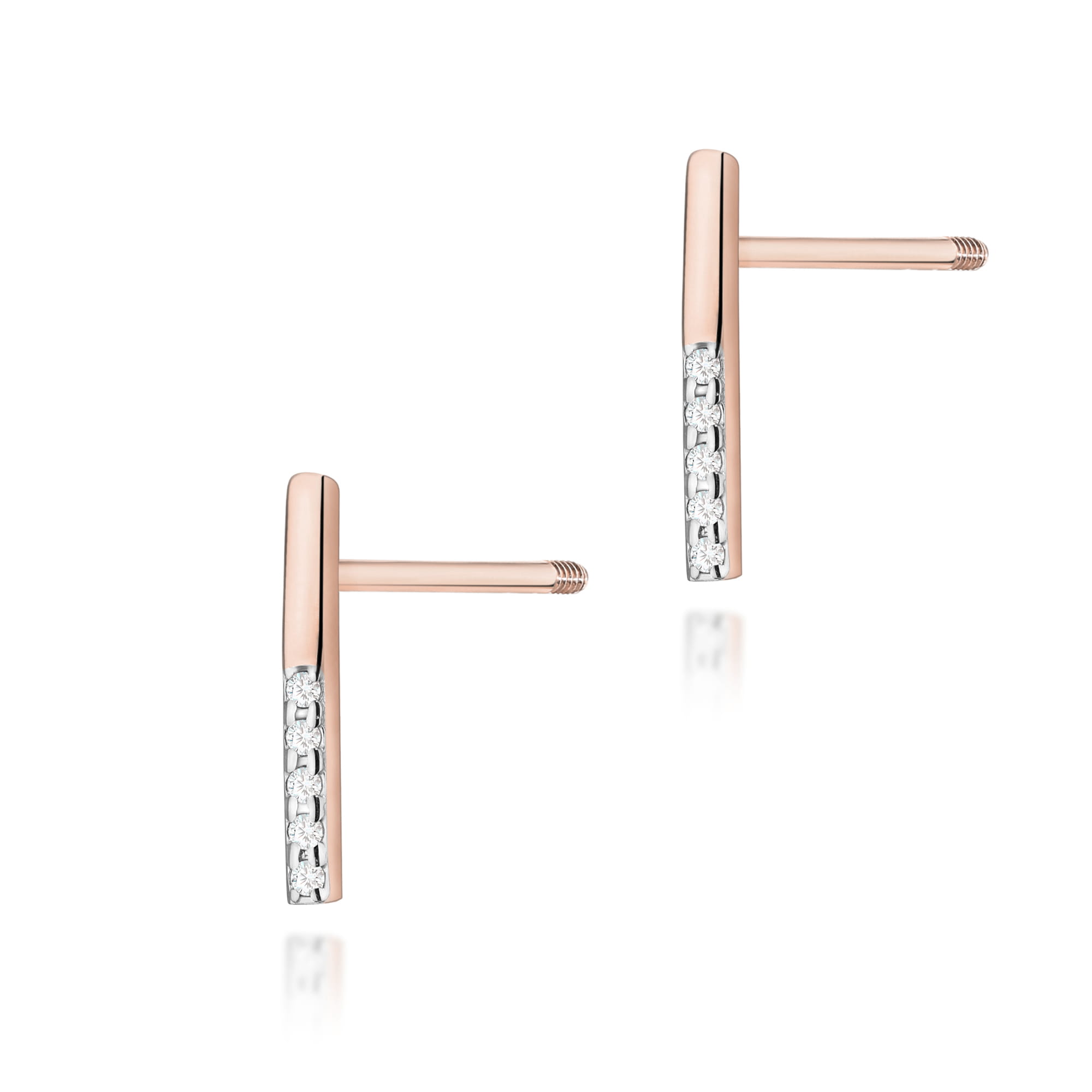 K0077.R3.DIW.02_1 Różowe złote kolczyki w kształcie prostokątów z diamentowymi wstawkami.