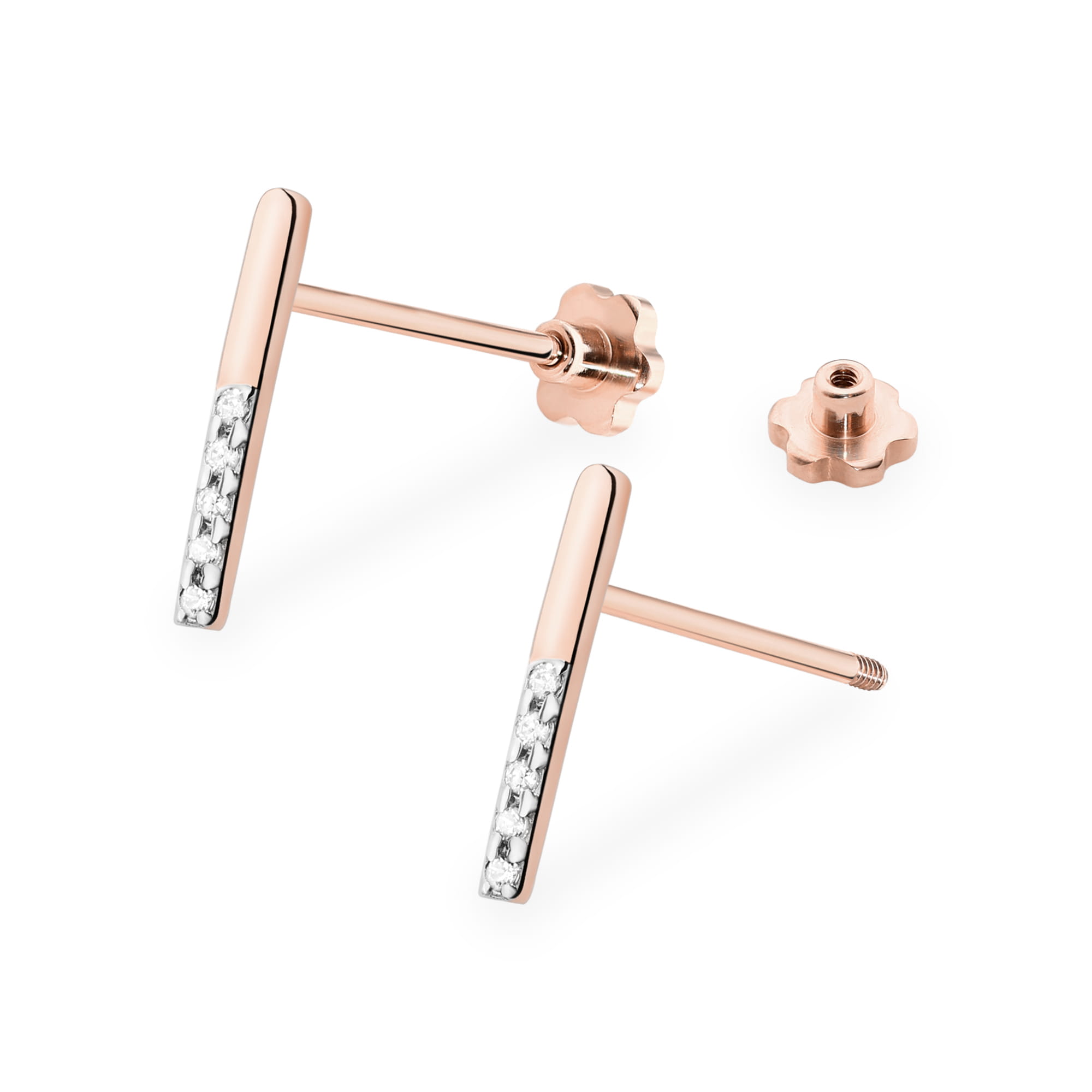K0077.R3.DIW.02_2 Różowe złote kolczyki w kształcie litery T z diamentowymi wstawkami.
