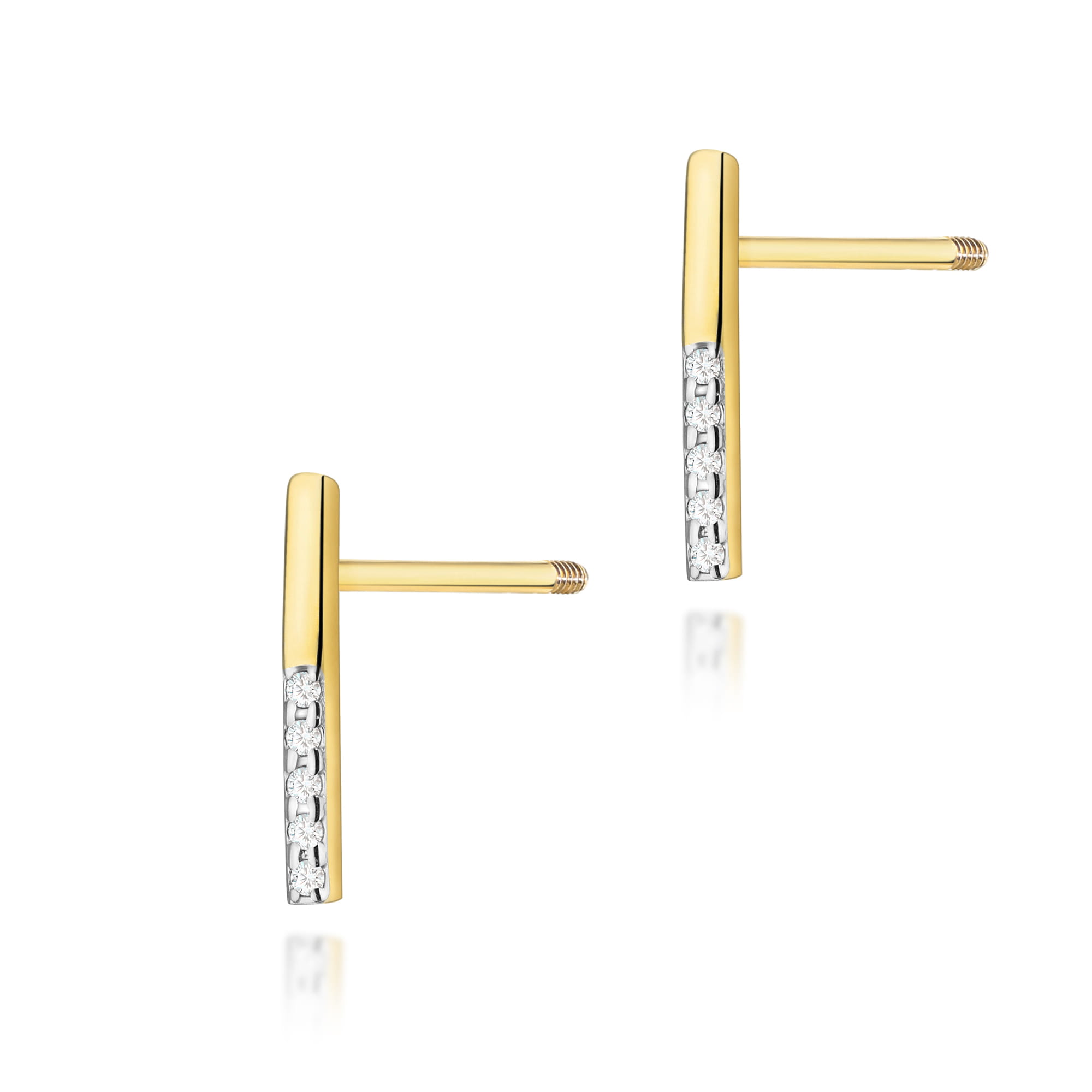 K0077.Z3.DIW.02_1 Złote kolczyki w kształcie litery T z diamentowymi wstawkami.