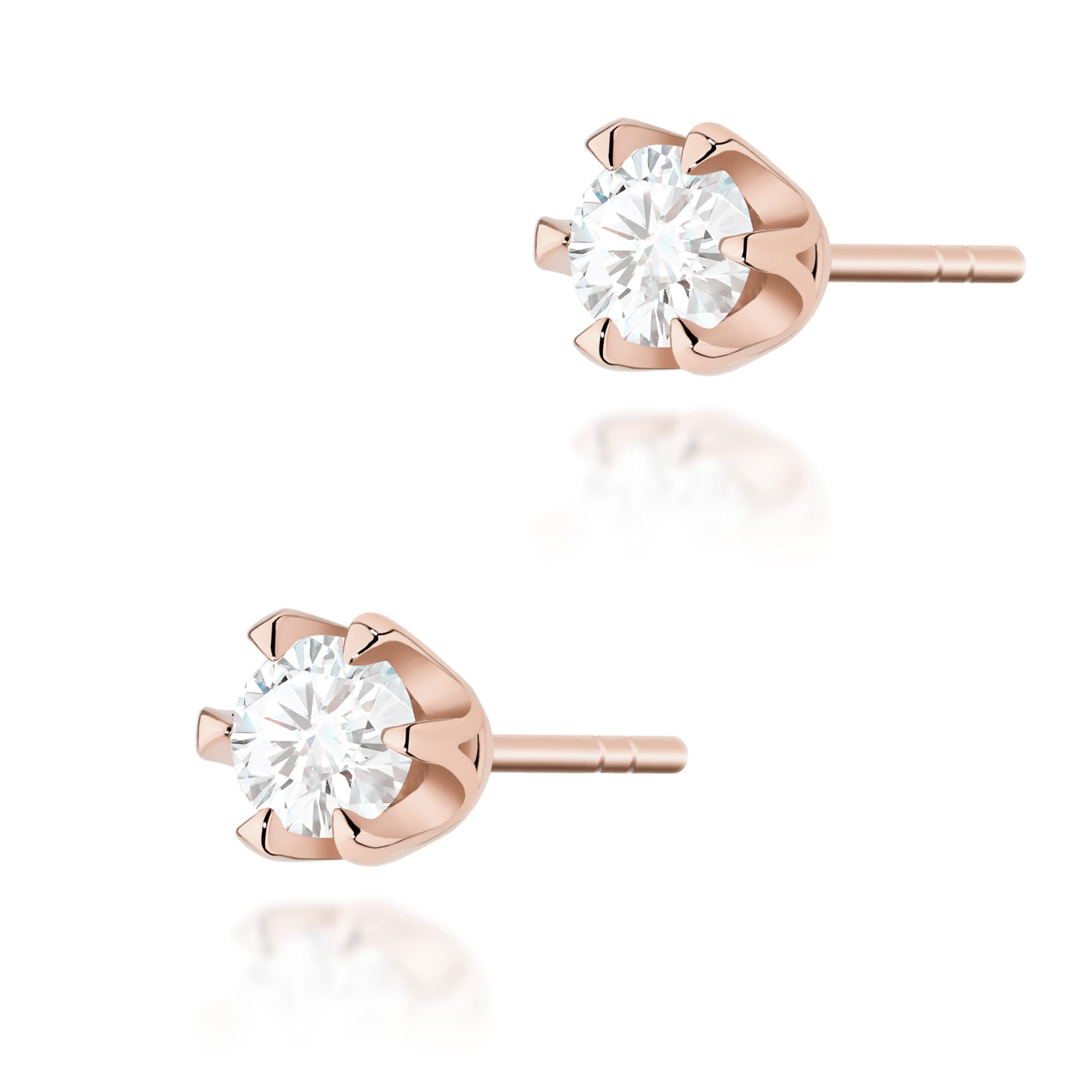 K0220.R3.DIW.07_1 Różowe złote kolczyki w kształcie sztyftów z przezroczystymi, okrągłymi kryształami.