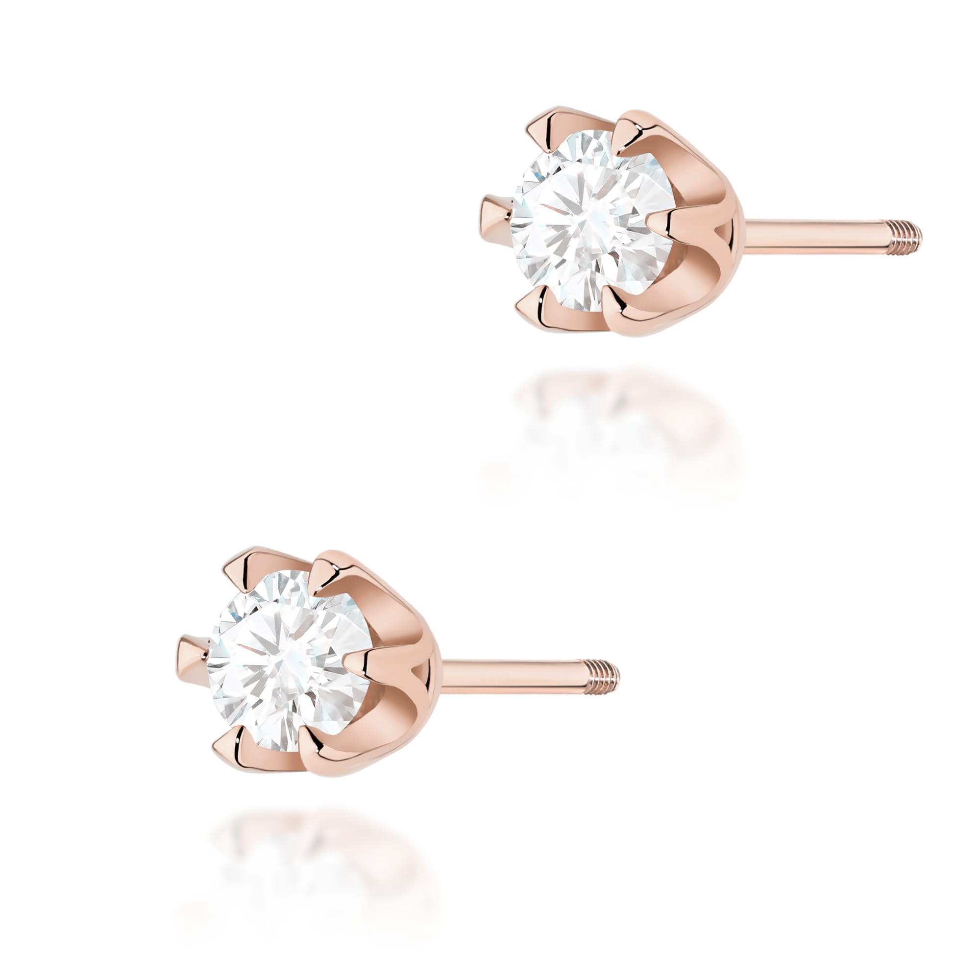 K0220.R3.DIW.10_1 Różowe złote kolczyki w kształcie kwiatu z przezroczystymi, okrągłymi kryształami.