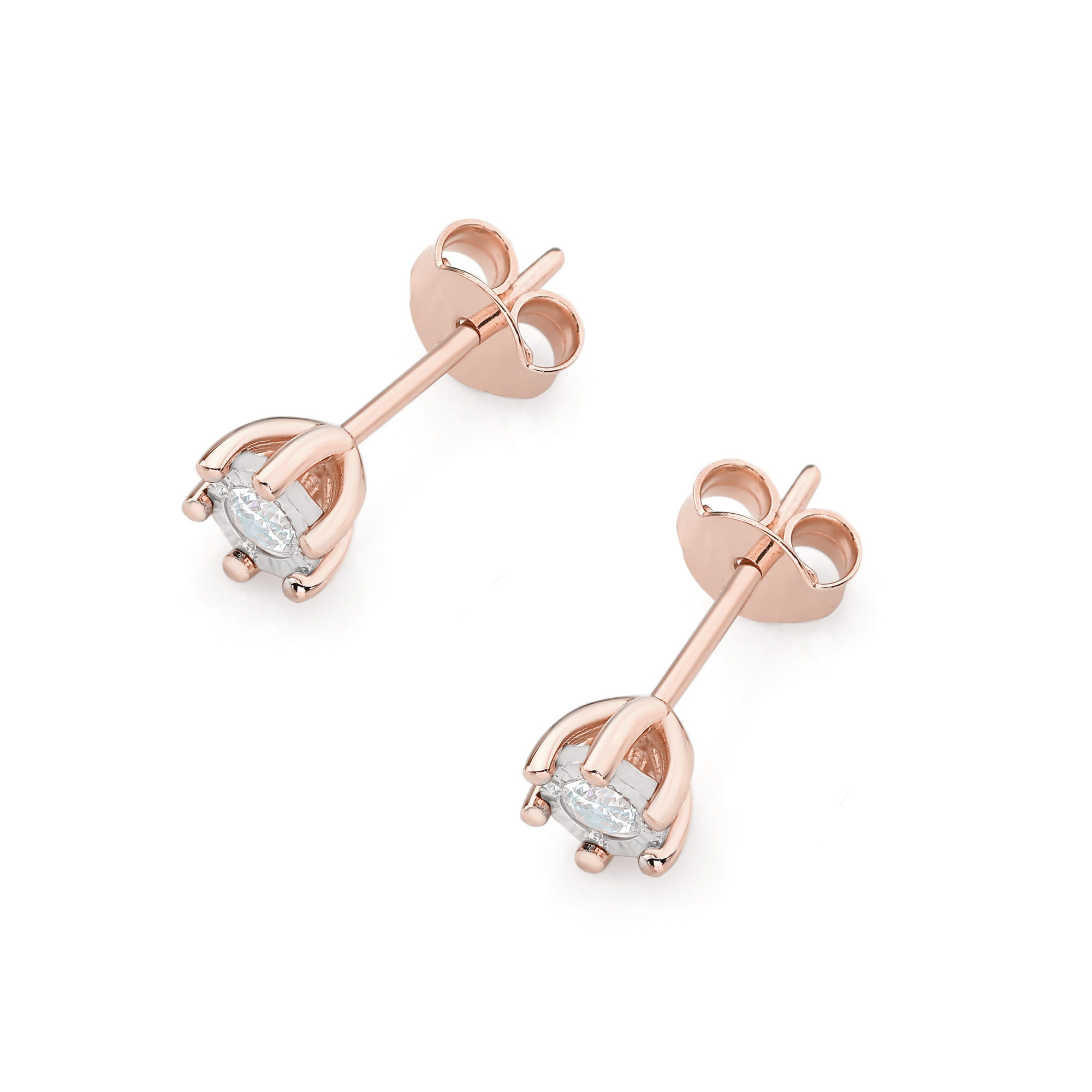 K0222.R3.DIW.05_2 Różowe złote kolczyki w kształcie kwiatów z diamentowymi detalami.