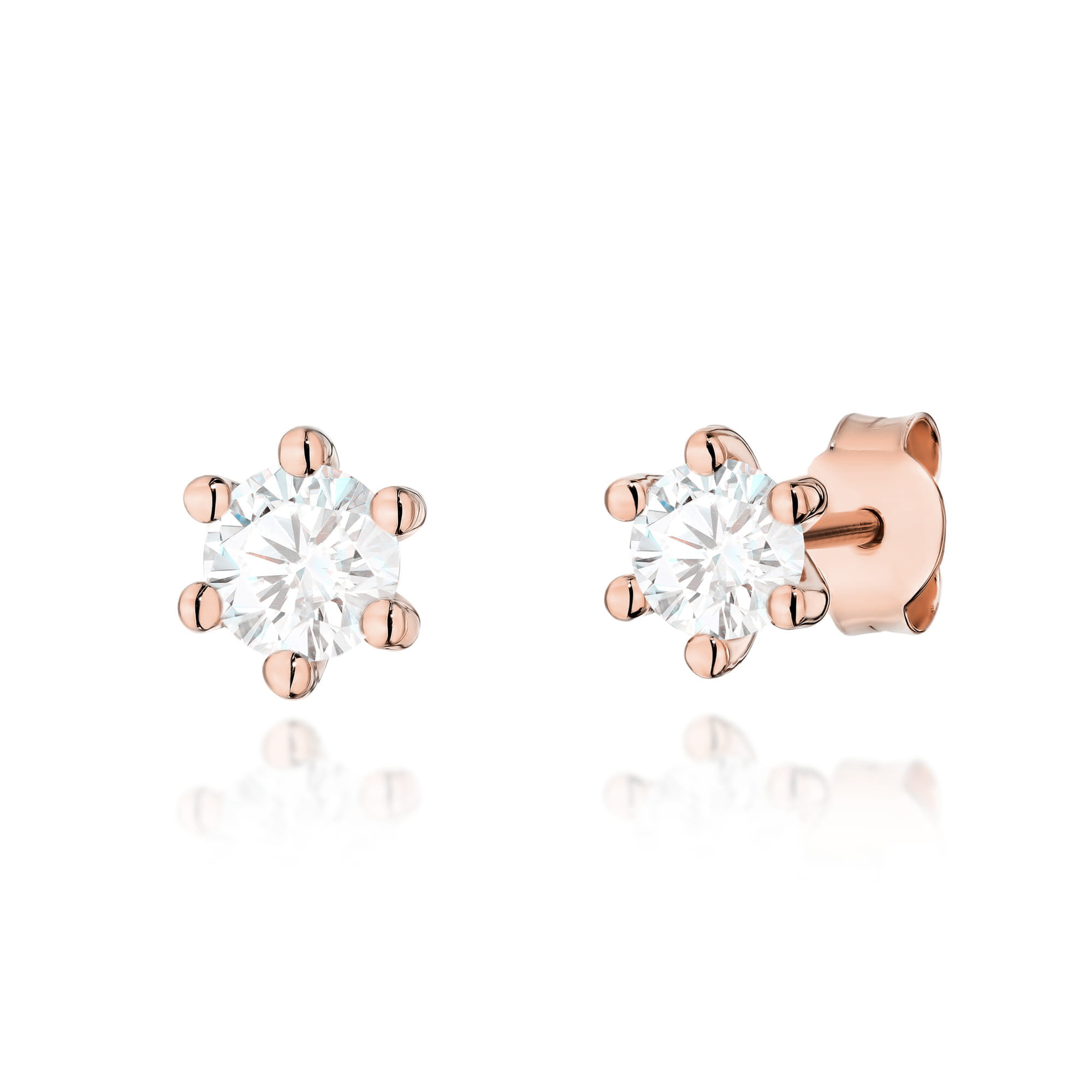 K0222.R3.LDW.04_1 Różowe złote kolczyki w kształcie kwiatków z przezroczystymi, okrągłymi kryształami.