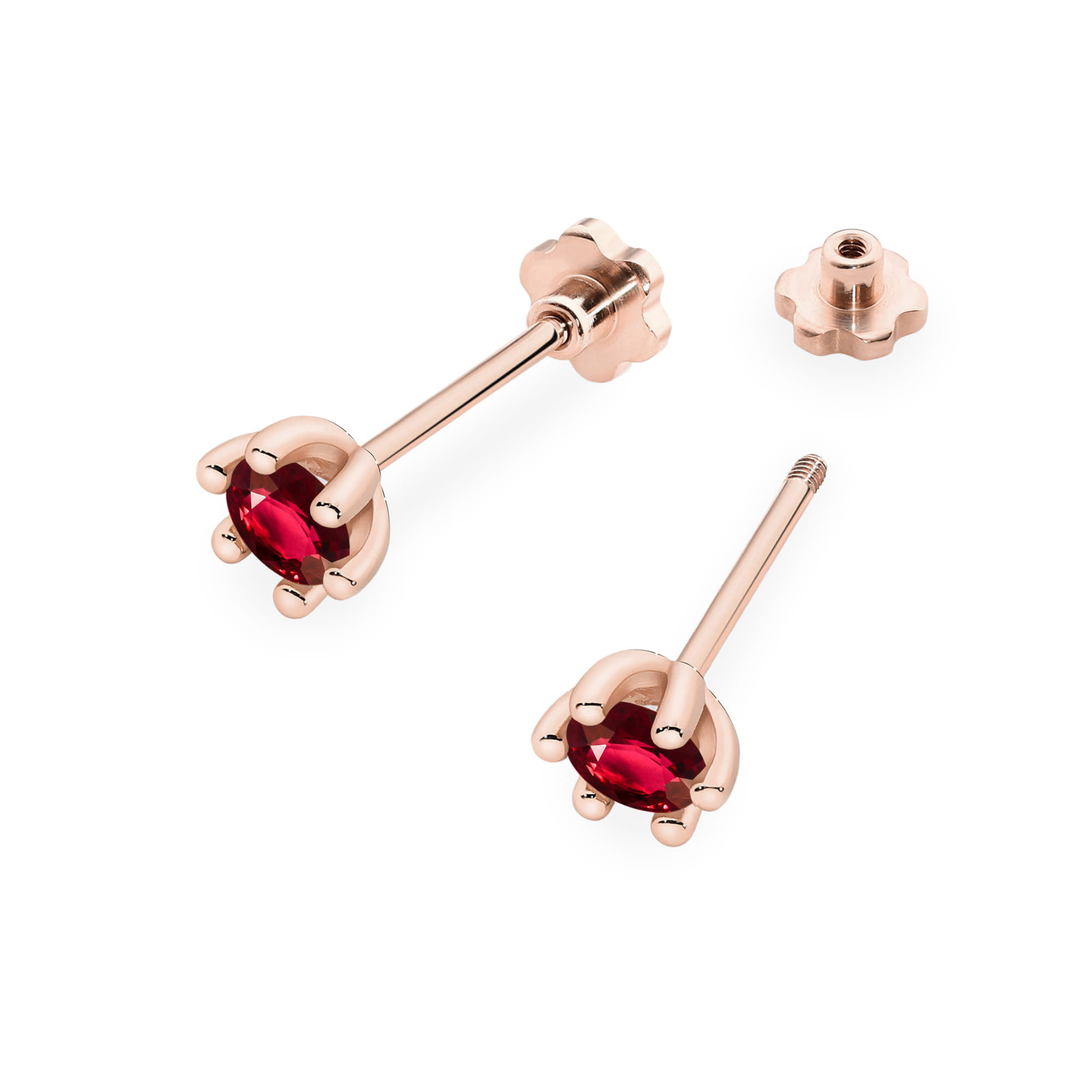 K0222.R3.RUR.06_2 Różowe złote kolczyki w kształcie kwiatu z czerwonymi kamieniami szlachetnymi.