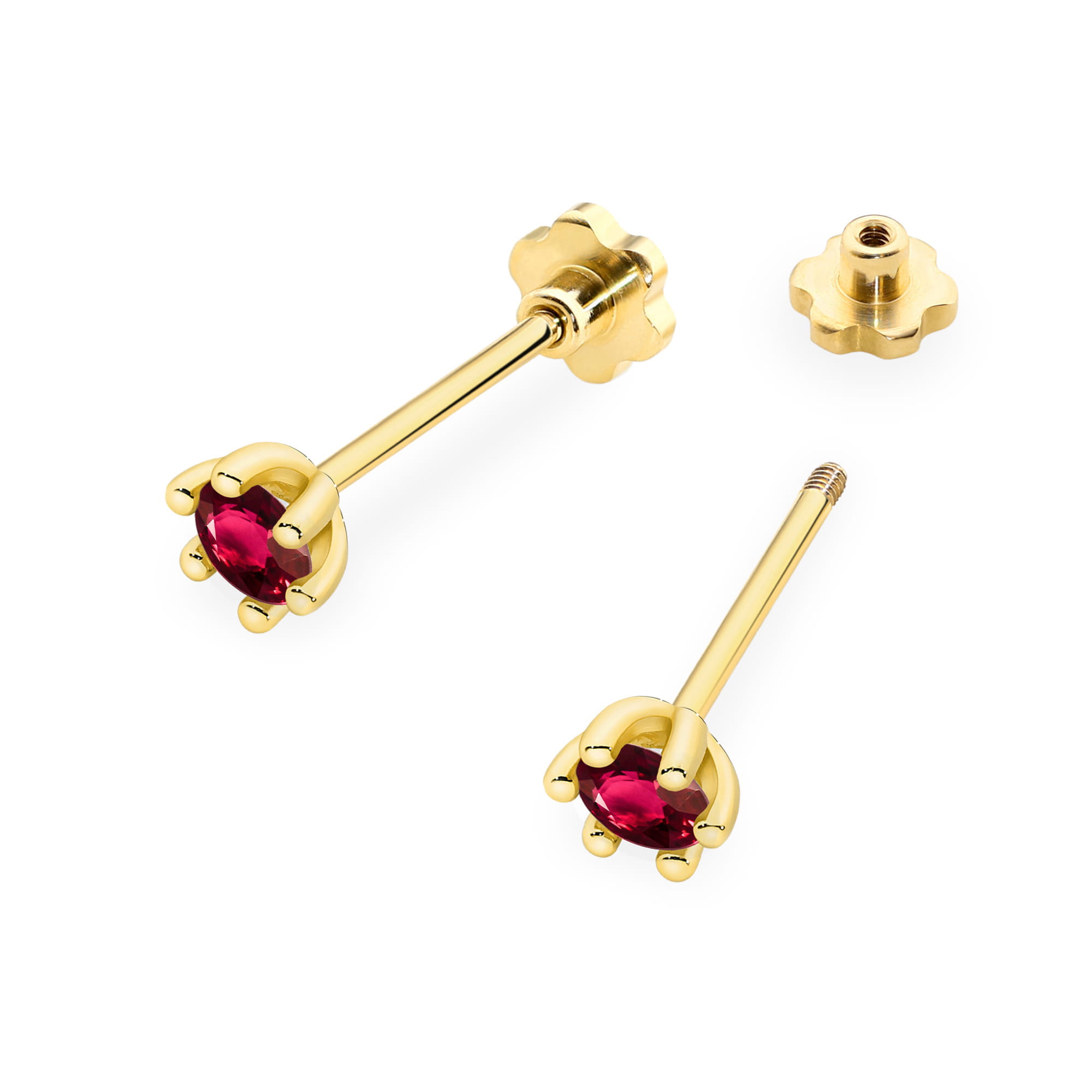 K0222.Z3.RUR.05_2 Złote kolczyki z czerwonymi kamieniami, w kształcie kwiatu, z odkręcaną zatyczką.