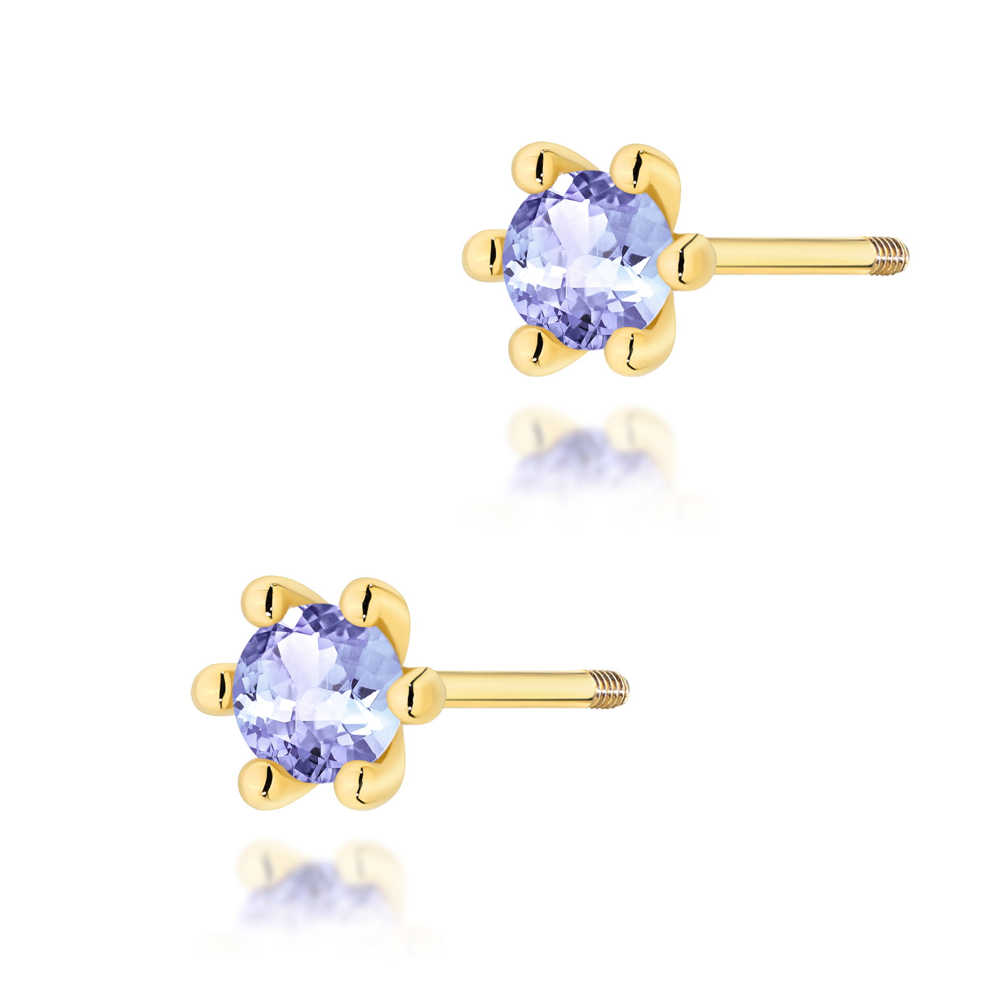 K0222.Z3.TAP.05_1 Złote kolczyki z fioletowymi kamieniami w kształcie kwiatu, osadzone na delikatnych sztyftach.