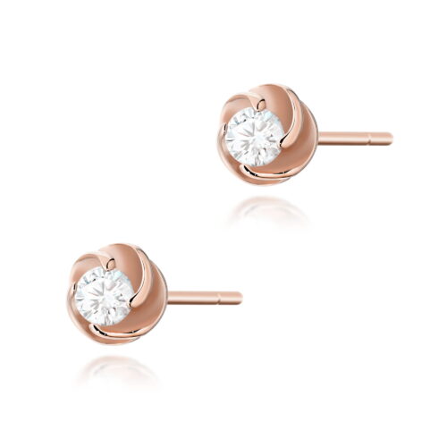 Różowe złote kolczyki z okrągłym, błyszczącym kryształem w kształcie kwiatka.
