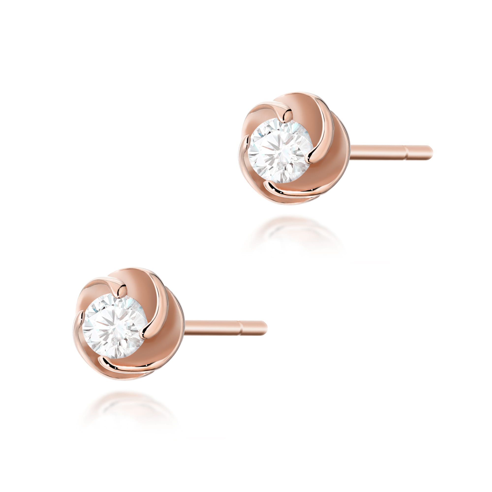 K0329.R3.DIW.01_1 Różowe złote kolczyki z okrągłym, błyszczącym kryształem w kształcie kwiatka.