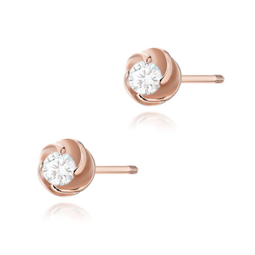 Różowe złote kolczyki w kształcie kwiatów z przezroczystymi kryształami w centrum.