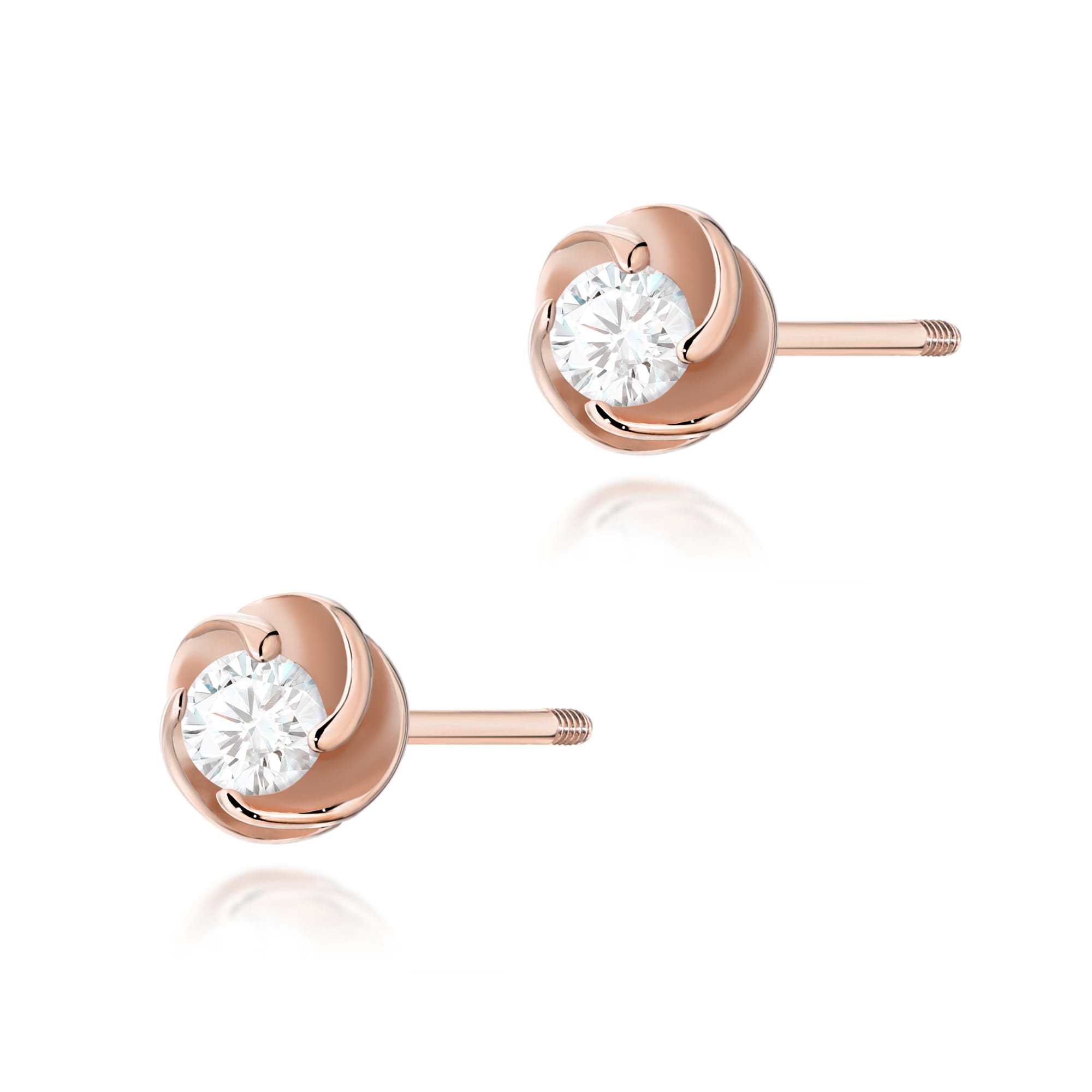 K0329.R3.DIW.03_1 Różowe złote kolczyki w kształcie kwiatów z przezroczystymi kryształami w centrum.