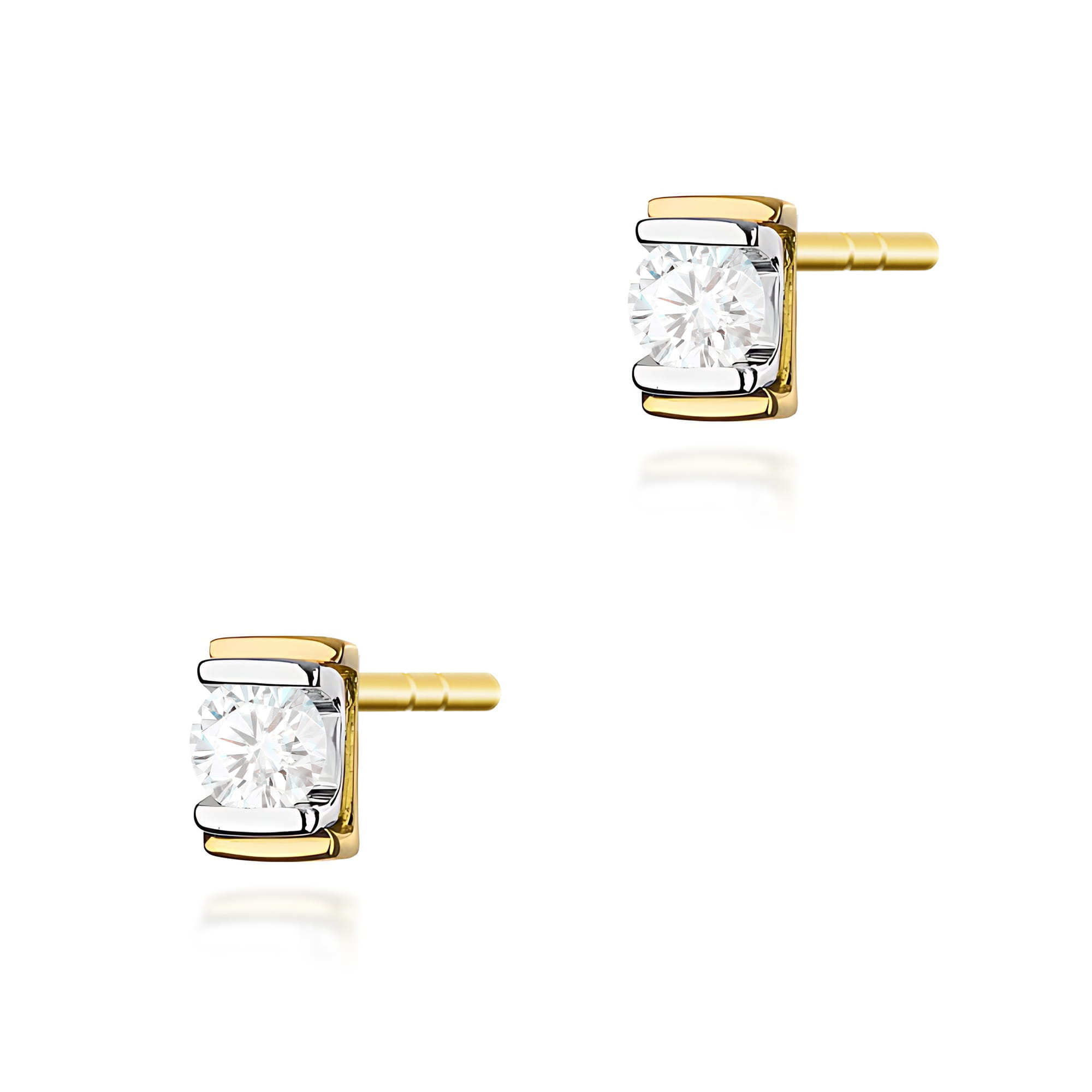 K0343.Z3.DIW.01_1 Złote kolczyki z przezroczystymi, okrągłymi kryształami, osadzone w eleganckiej oprawie.