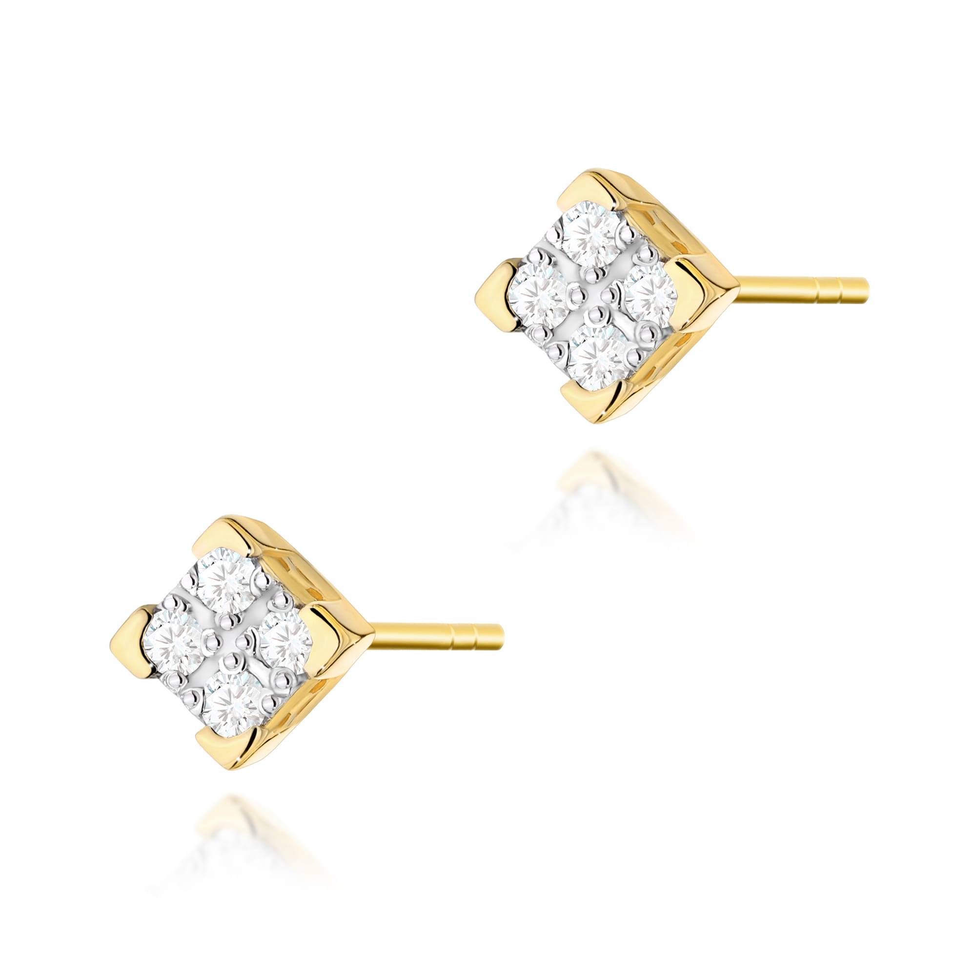 K0402.Z3.DIW.01_1 Złote kolczyki w kształcie kostek, ozdobione czterema błyszczącymi kamieniami.