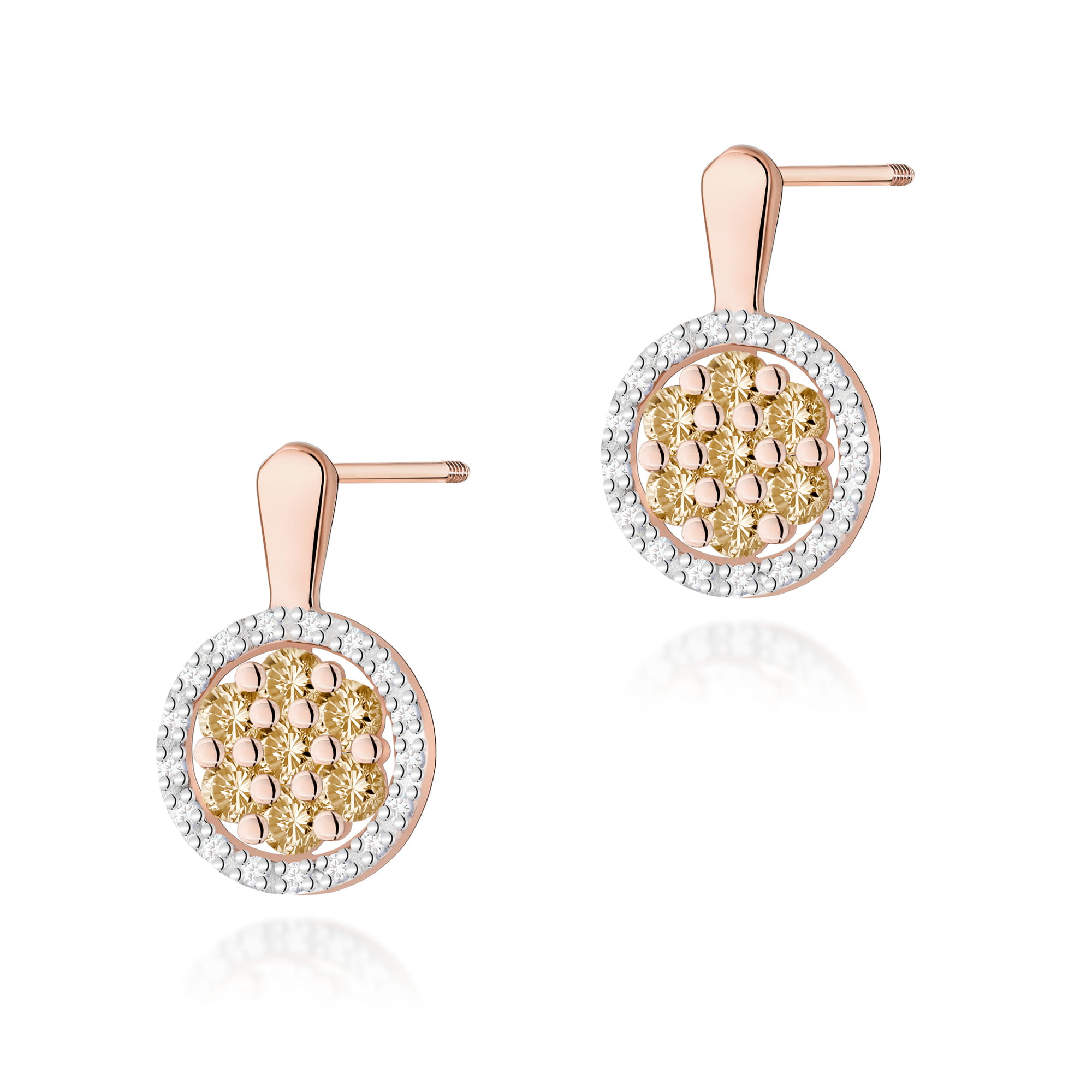 K0440.R3.XXX.02_1 Kolczyki w kształcie okręgów, z różowym złotem i błyszczącymi kamieniami w centralnej części.