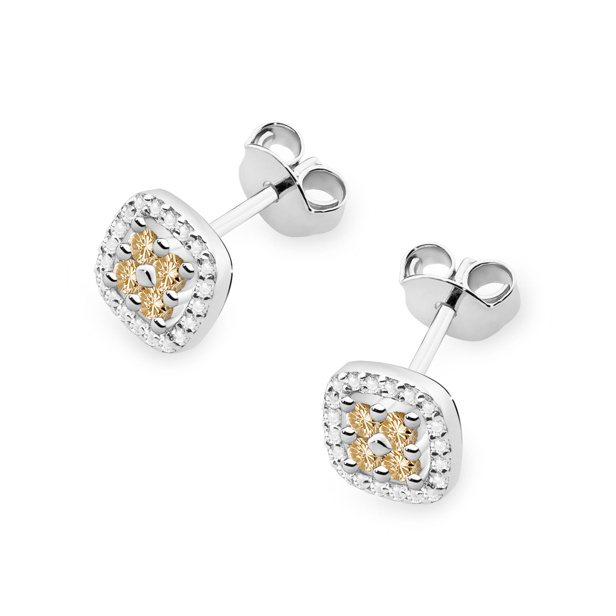 K0441.B3.XXX.01_2 Srebrne kolczyki w kształcie kwadratów z złotymi akcentami i ozdobnymi detalami.